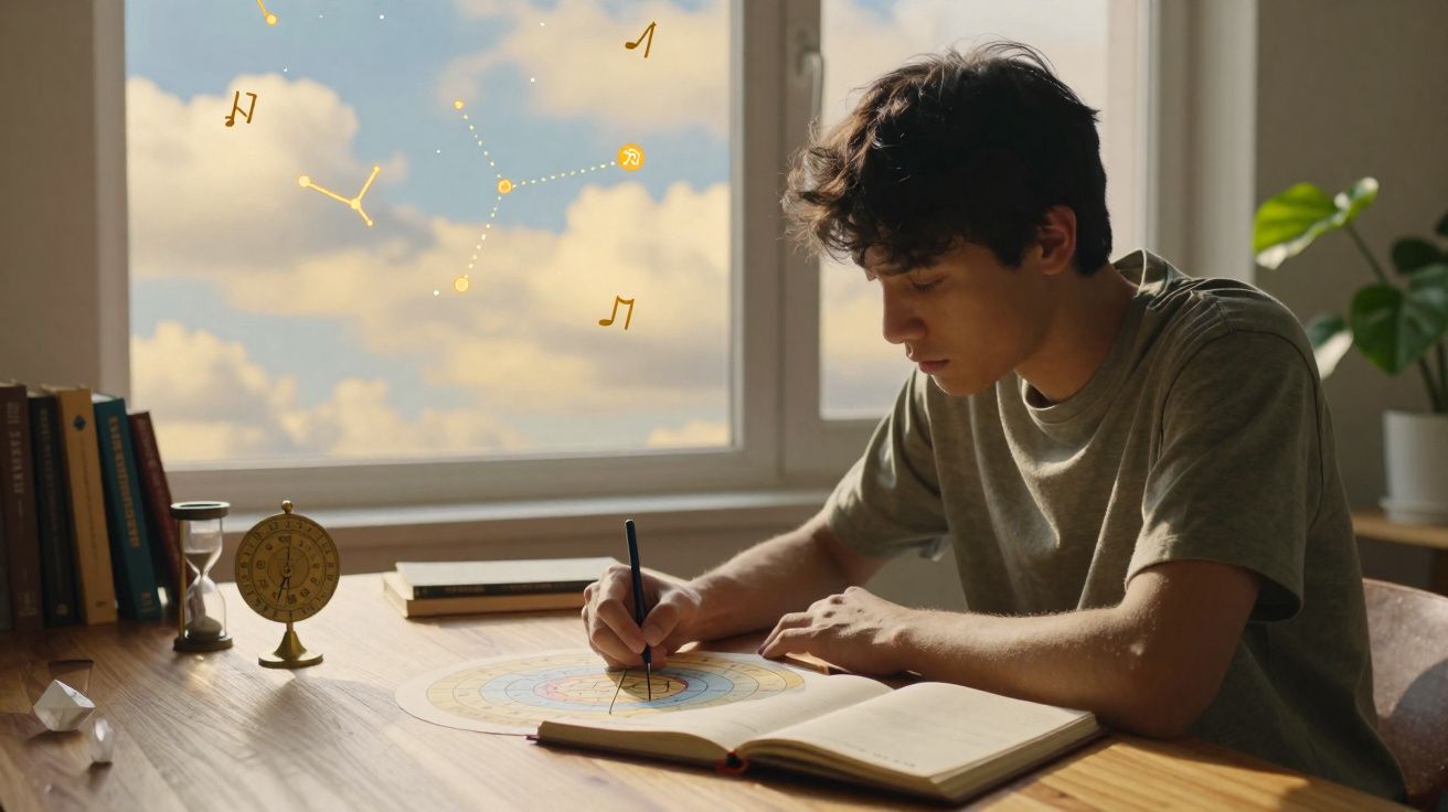 Rapaz a estudar astrologia com mapa astral e livros numa mesa junto à janela iluminada pelo sol.