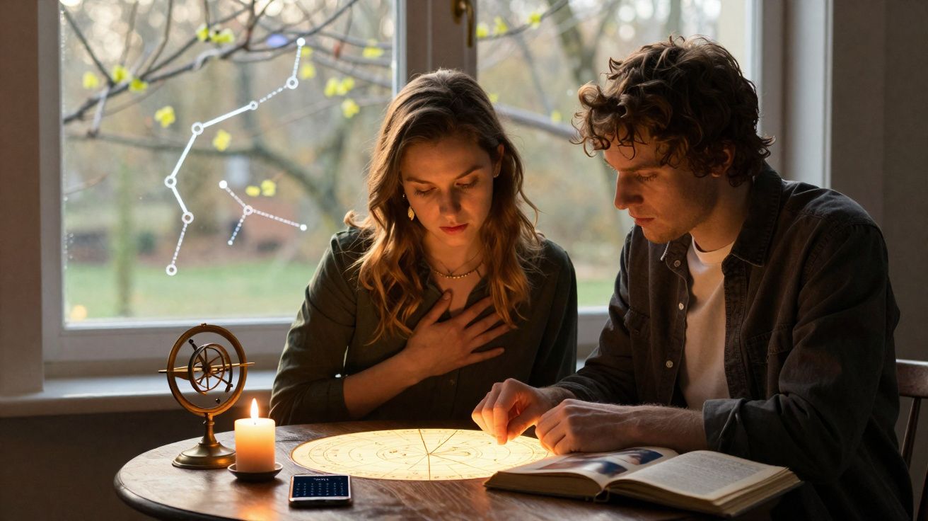 Casal jovem a estudar mapa astral com velas e livros à luz suave junto à janela.