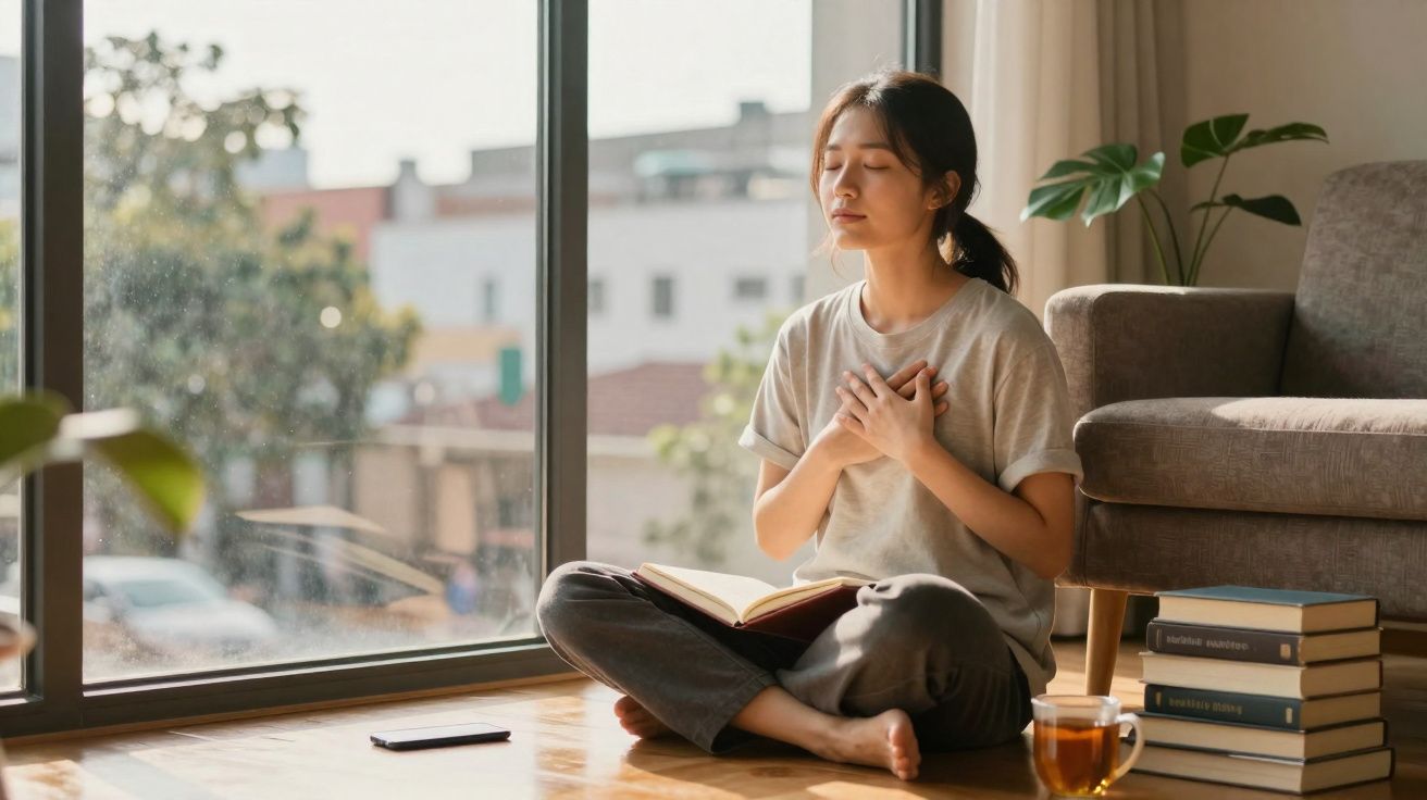 Jovem sentada no chão junto a janela com um livro aberto, mãos no peito e olhos fechados em meditação.