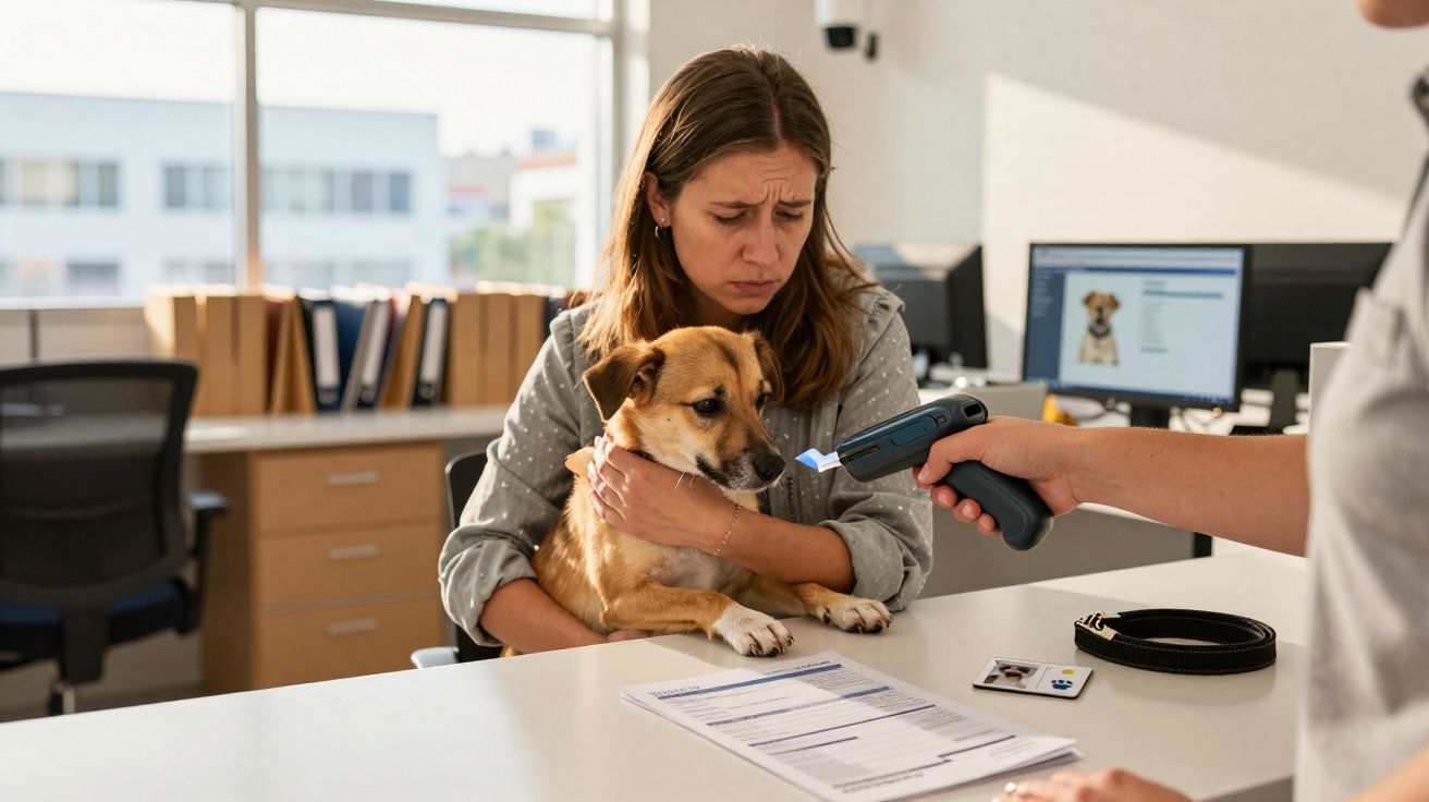 Mulher segura cão assustado enquanto profissional aponta scanner para chip num consultório veterinário.