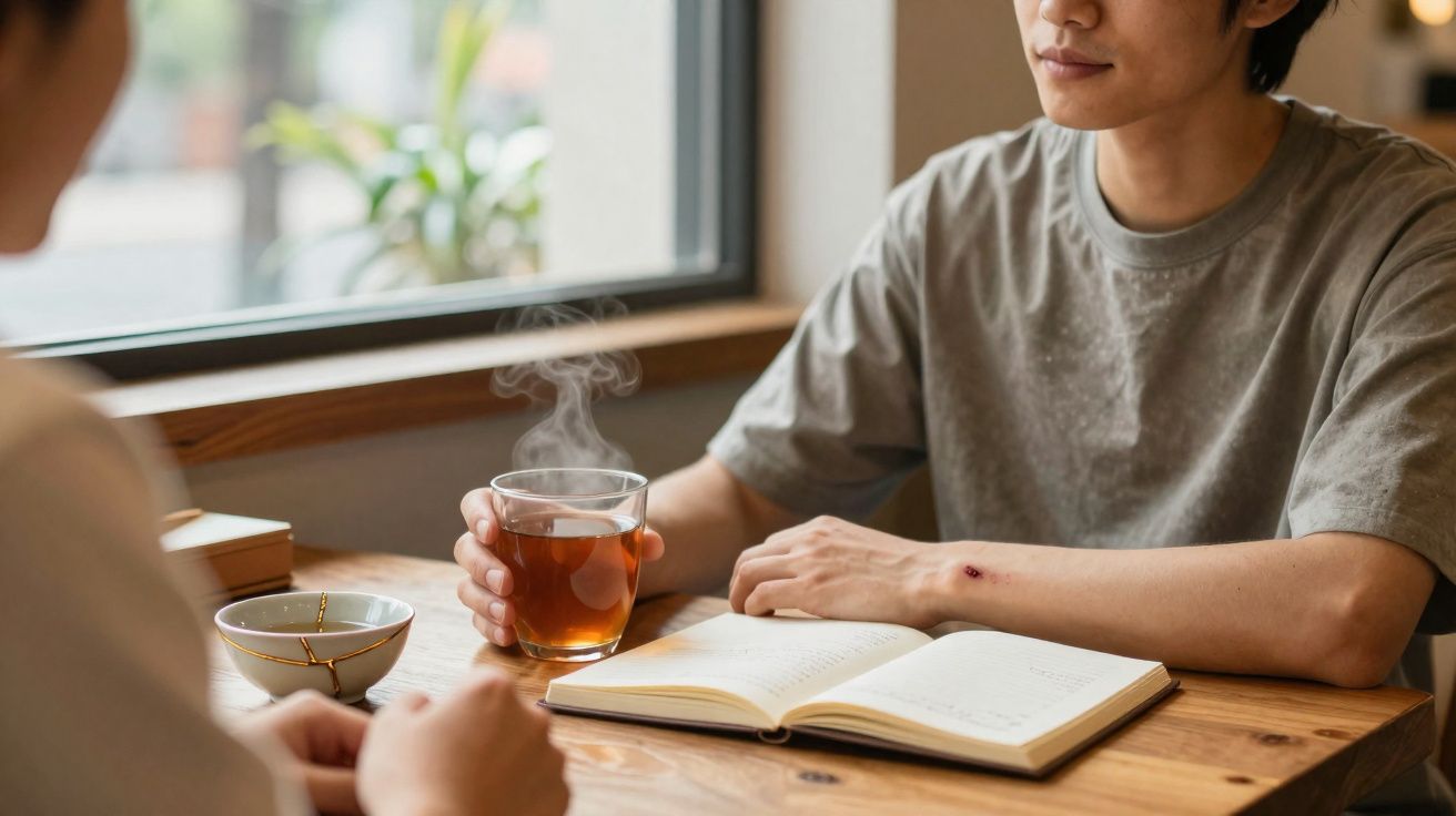 Duas pessoas sentadas à mesa, uma com chá quente na mão e um livro aberto à frente, junto a uma janela.