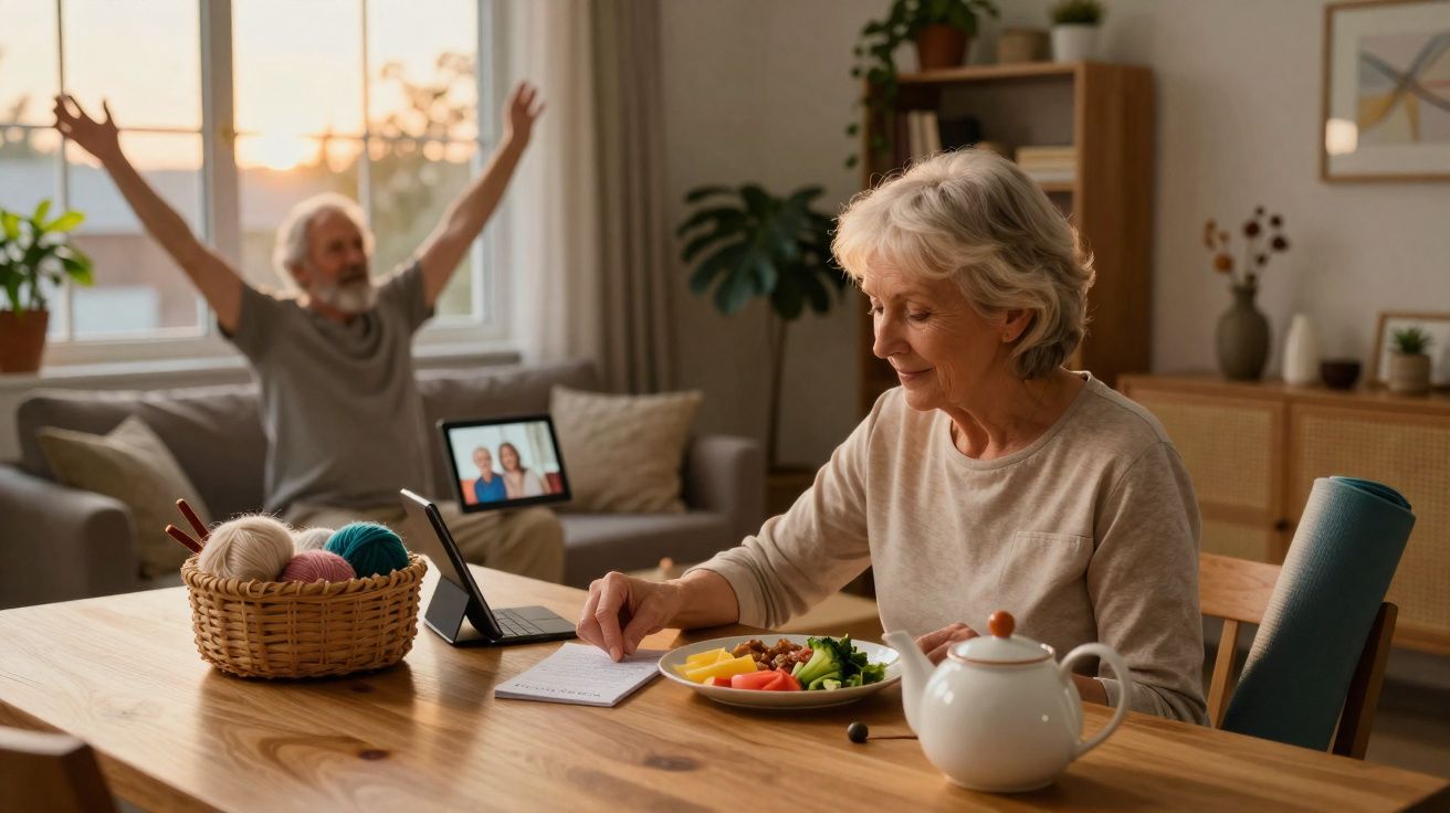 Mulher idosa a tomar o pequeno-almoço enquanto homem faz alongamentos no sofá ao fundo.