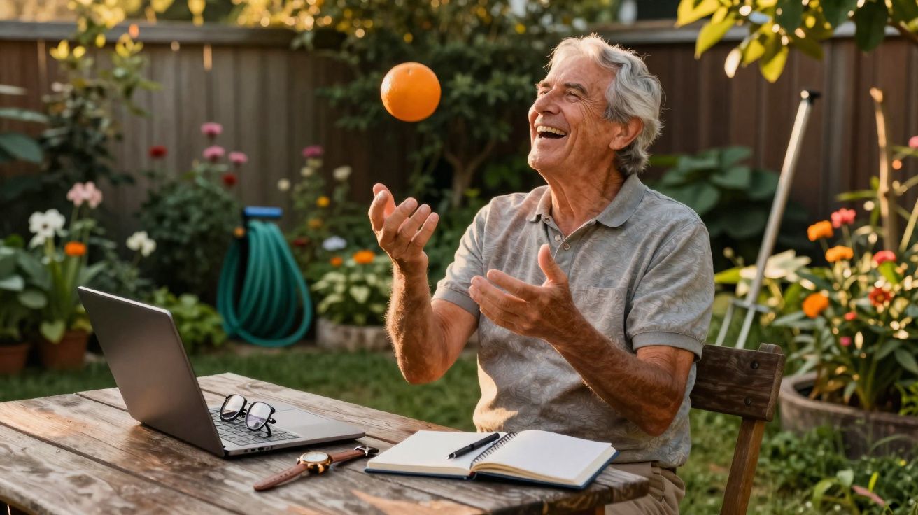 Homem sénior a sorrir enquanto brinca com uma laranja, sentado junto a mesa com laptop e caderno num jardim.
