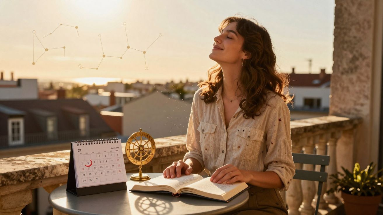 Mulher sentada numa varanda ao pôr do sol, a ler um livro com calendário e objeto decorativo na mesa.