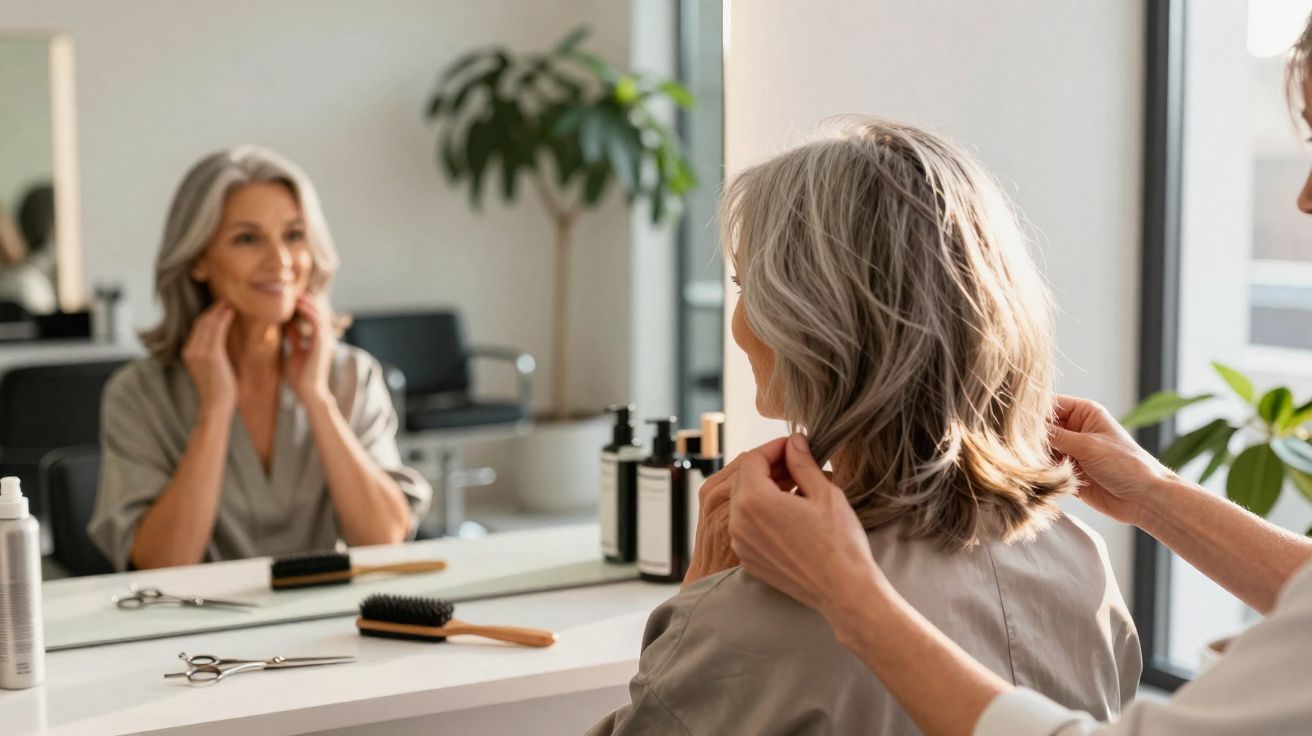 Mulher madura a olhar o cabelo ao espelho enquanto estilista arruma o seu cabelo grisalho num salão.