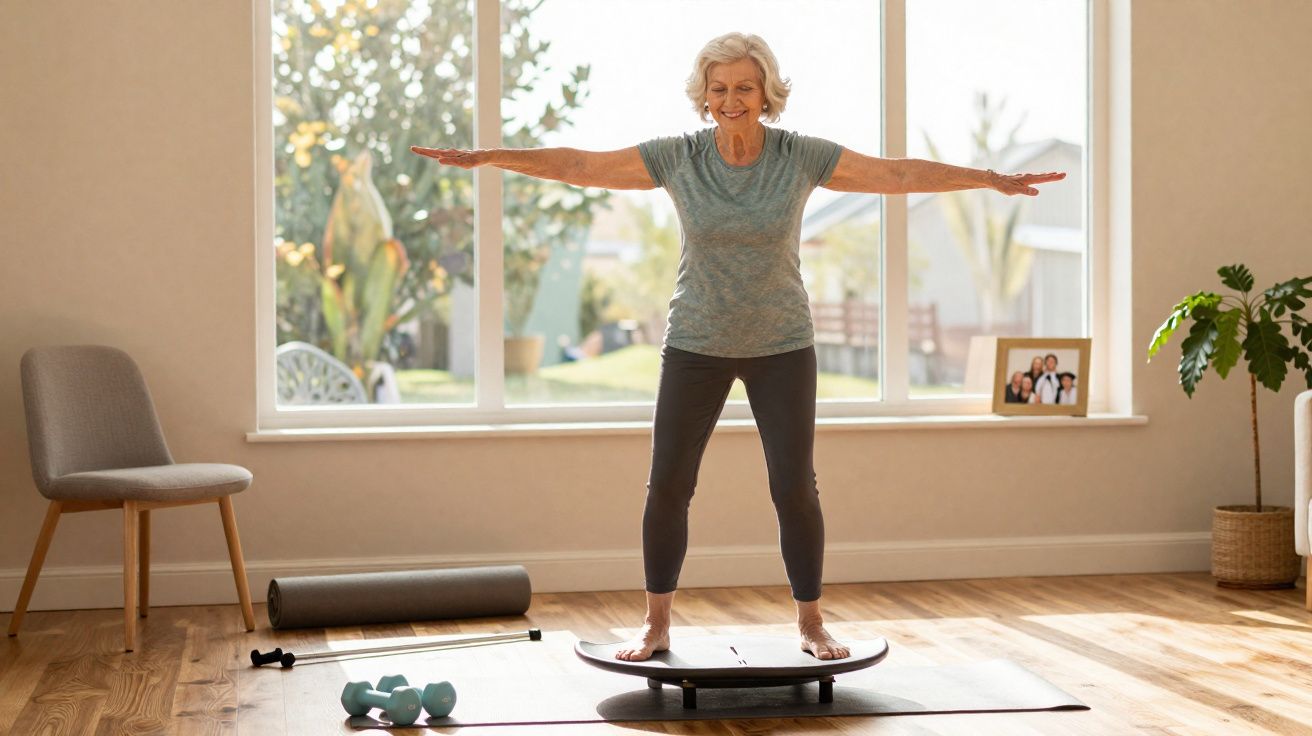 Mulher idosa a equilibrar-se num prancha de exercício numa sala luminosa com pesos e planta.