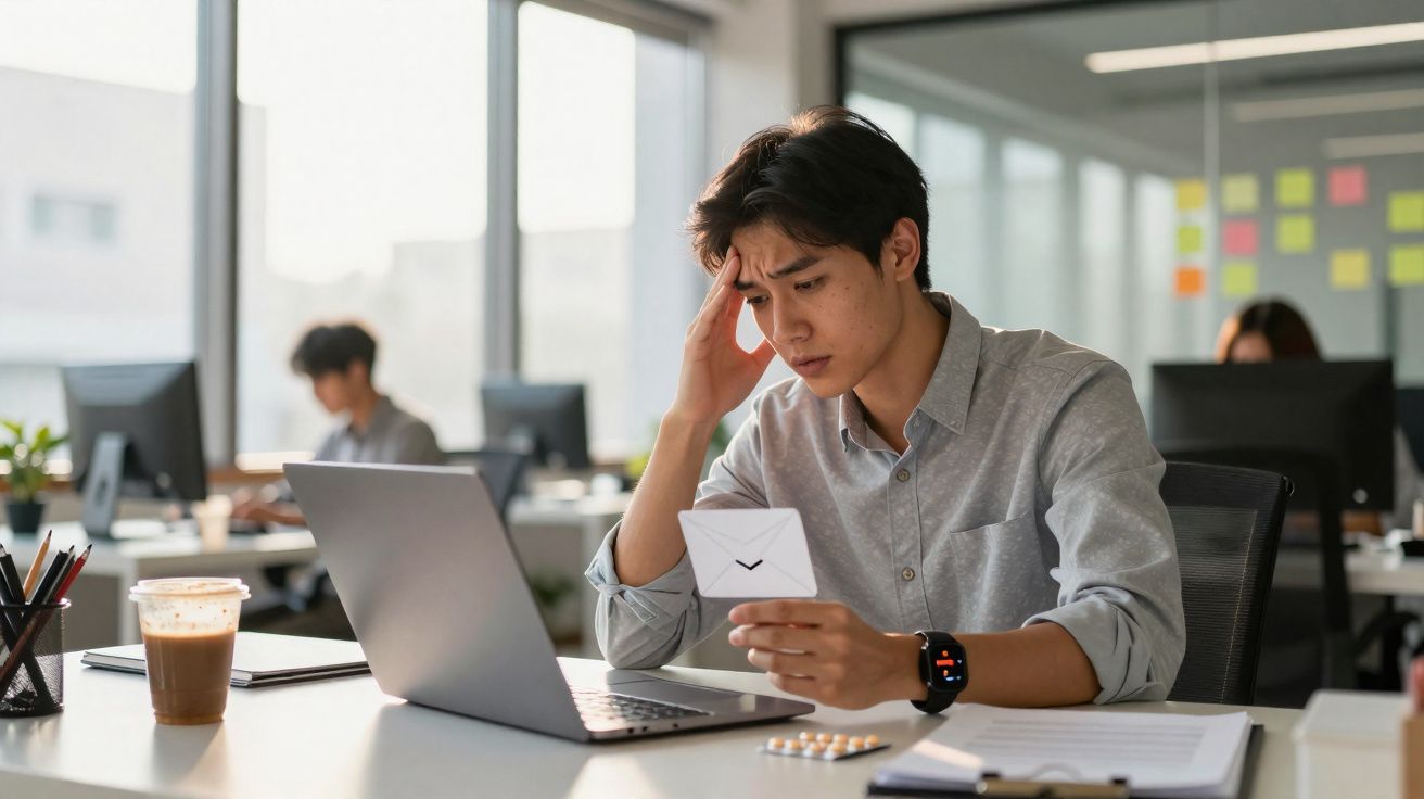 Jovem preocupado lendo carta no escritório, com computador portátil e comprimidos sobre a mesa.