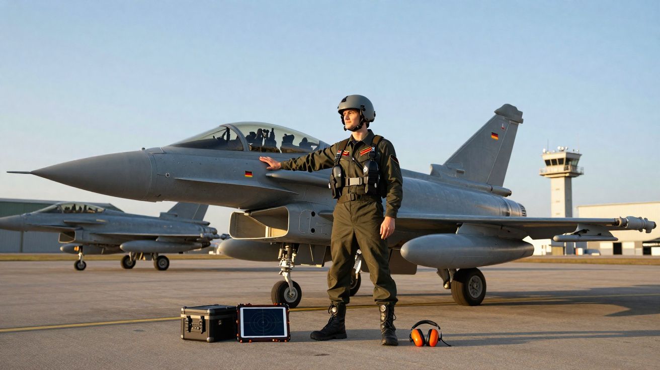 Piloto militar em fato de voo e capacete, posicionado junto a jato de combate estacionado em pista de aeroporto.