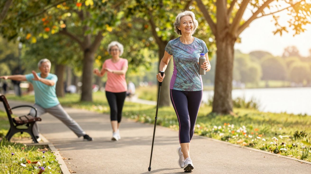 Mulher sénior a caminhar com bastão e garrafa, enquanto outras pessoas fazem exercícios num parque ao ar livre.