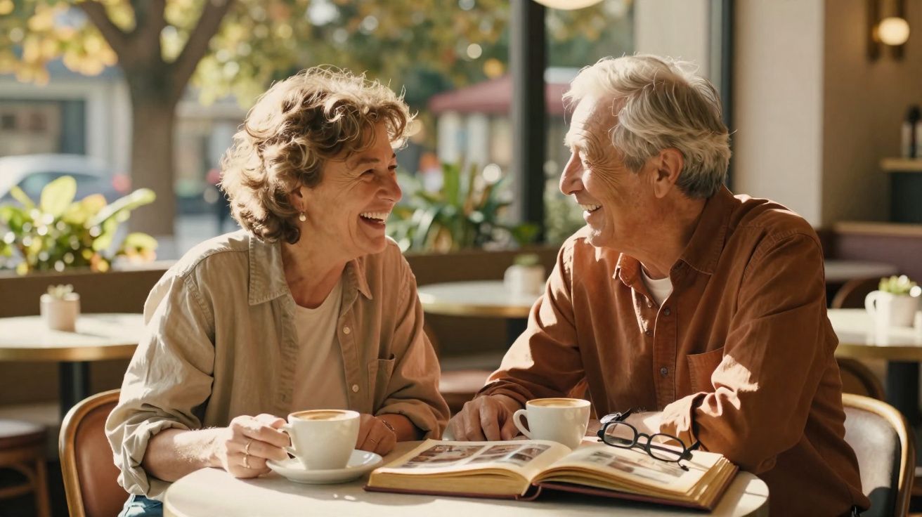 Casal sénior sorrindo enquanto toma café e folheia um livro num café iluminado.
