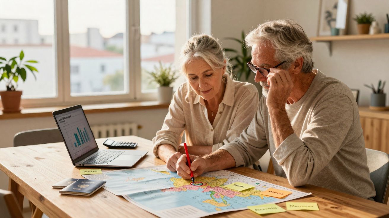 Casal sénior planeando viagem, a marcar no mapa com laptop e passaportes numa mesa em casa iluminada.
