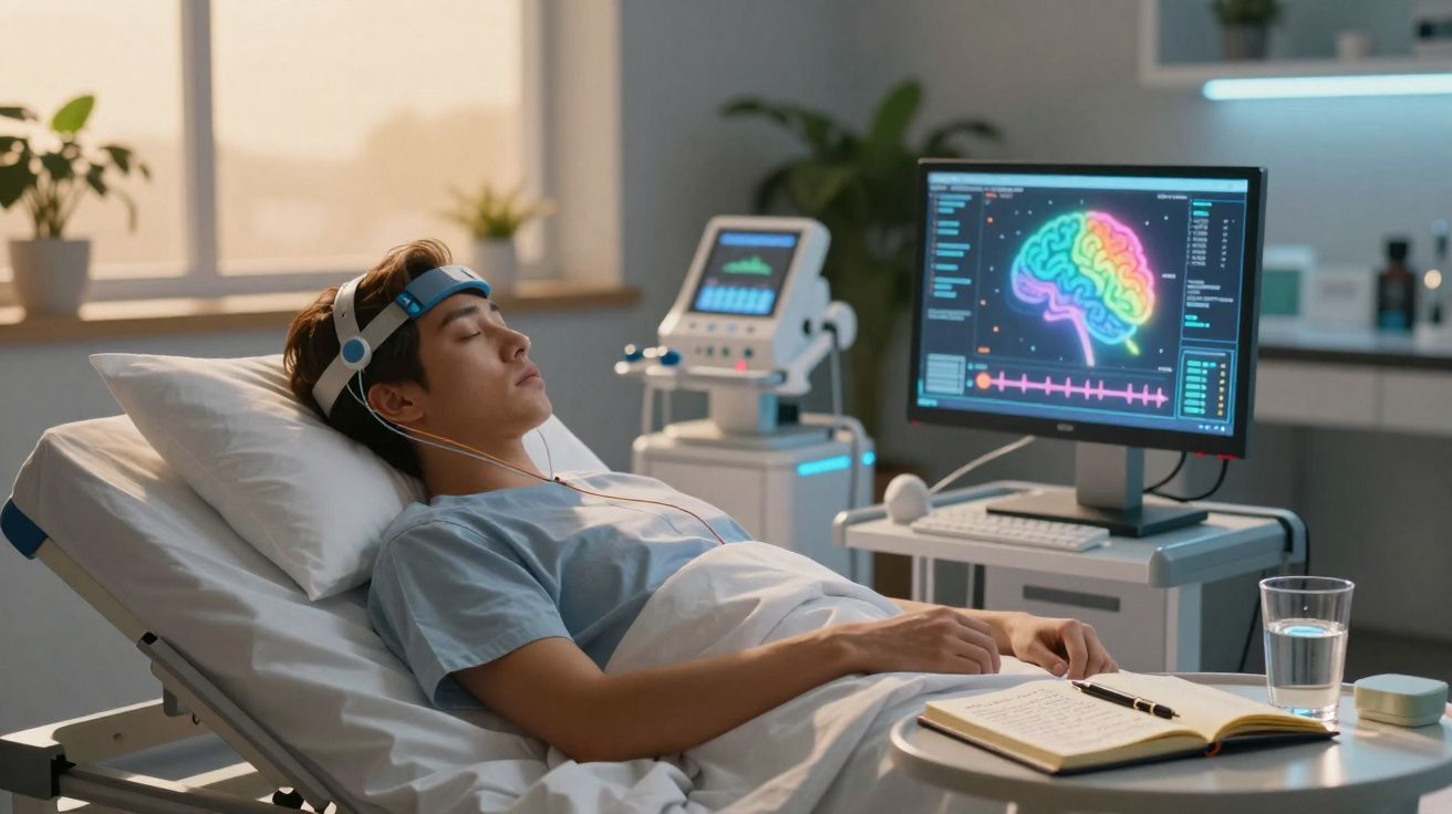 Homem deitado em cama hospitalar com equipamento de monitorização cerebral ligado à cabeça.
