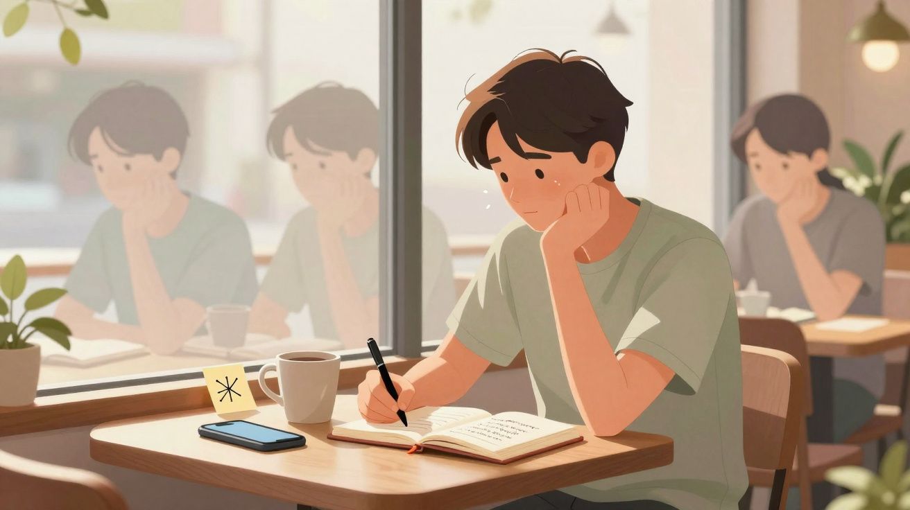 Jovem sentado numa café a escrever num caderno, com chá e telemóvel na mesa, refletindo.