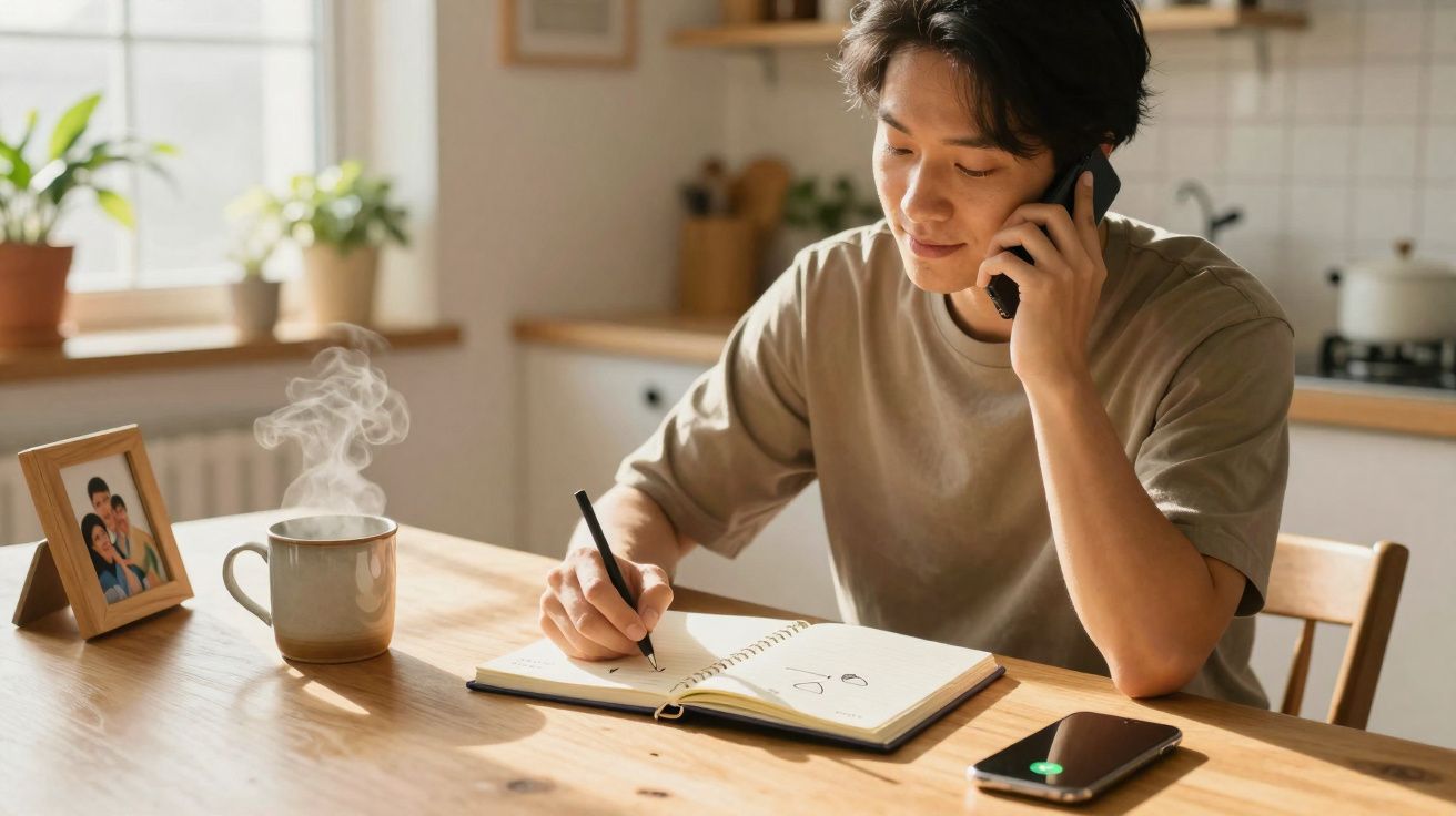 Homem jovem a falar ao telefone enquanto escreve num caderno na cozinha, com chá quente na mesa.