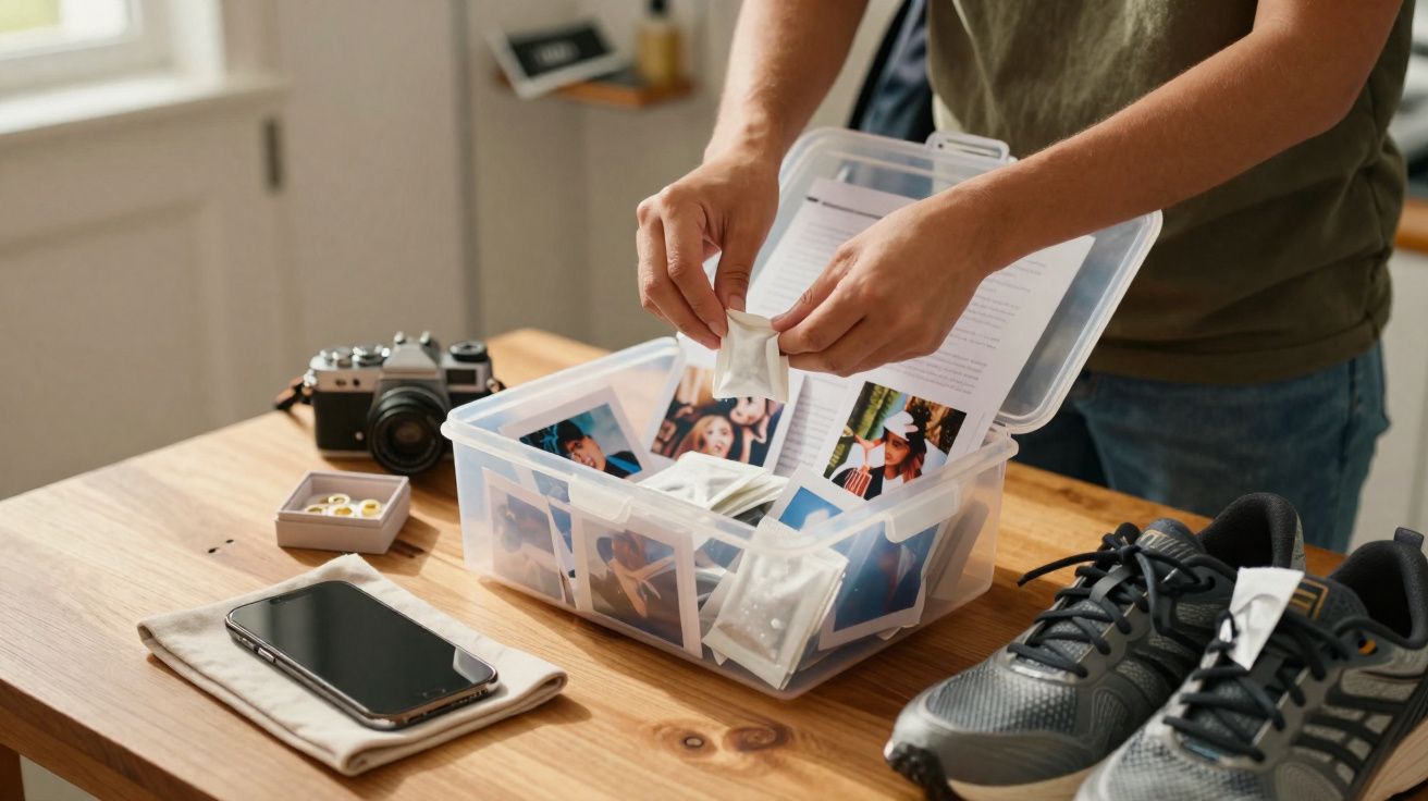 Pessoa a guardar fotografias e envelopes brancos numa caixa transparente sobre mesa de madeira.