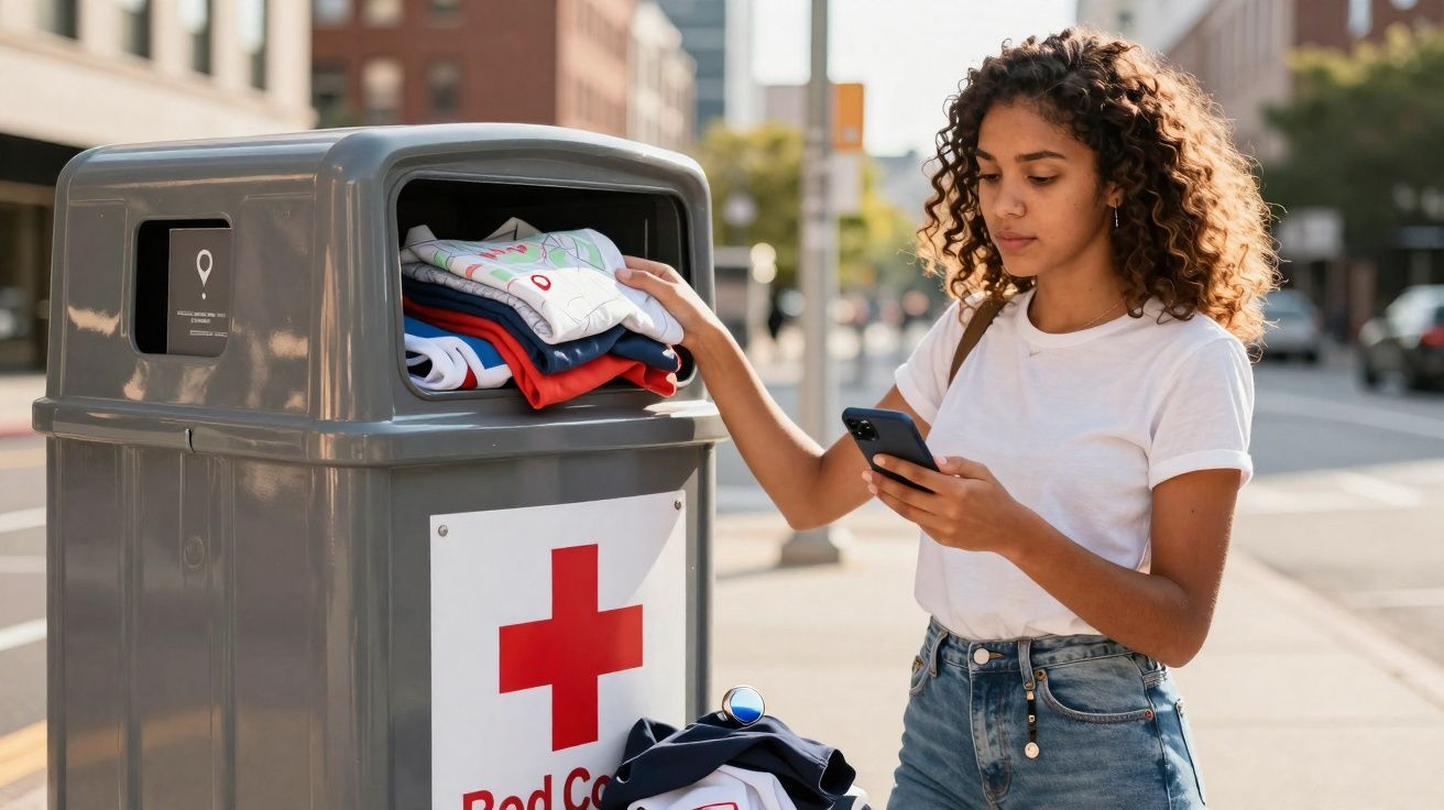 Mulher a doar roupa num contentor da Cruz Vermelha numa rua urbana, usando telemóvel.