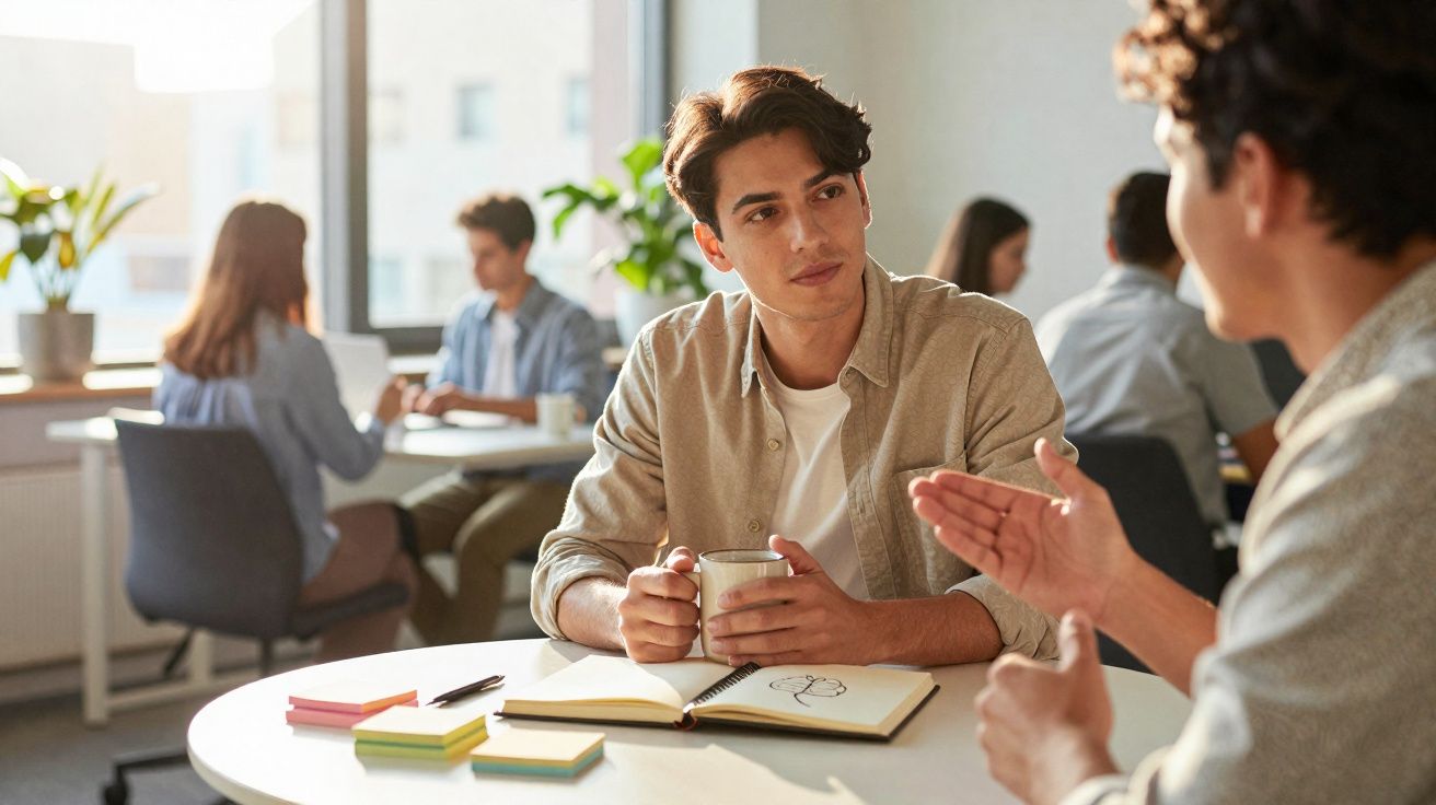 Duas pessoas a conversar numa mesa com cadernos, post-its e canetas num ambiente de escritório.