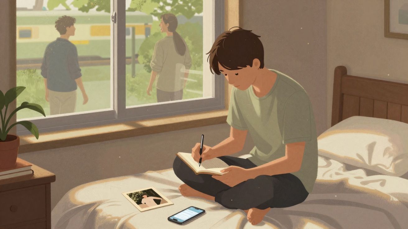 Rapaz sentado na cama a escrever num caderno, com duas pessoas à janela e um comboio visível no exterior.