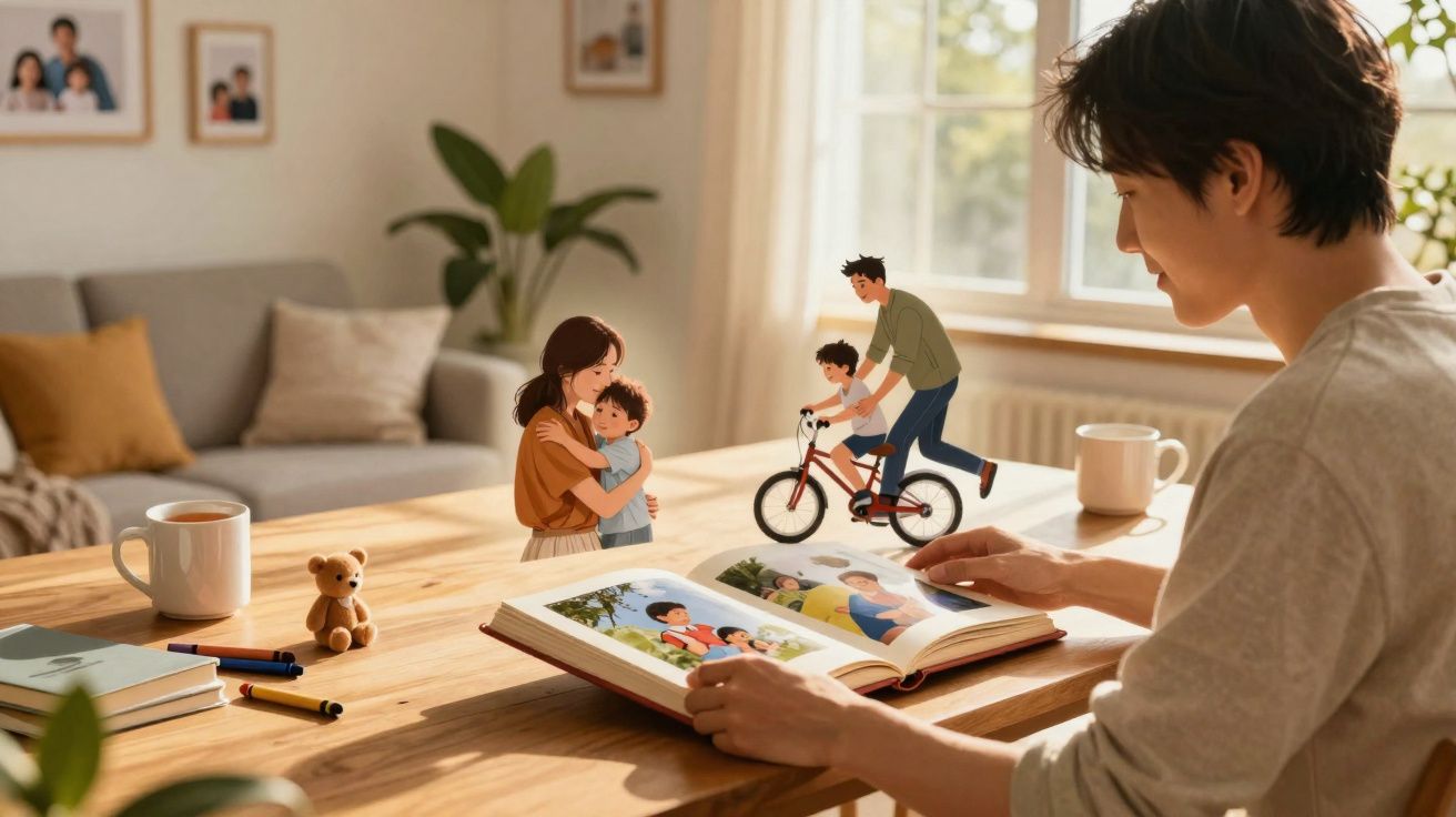 Pessoa a folhear álbum de fotos com imagens animadas de momentos familiares num ambiente acolhedor.