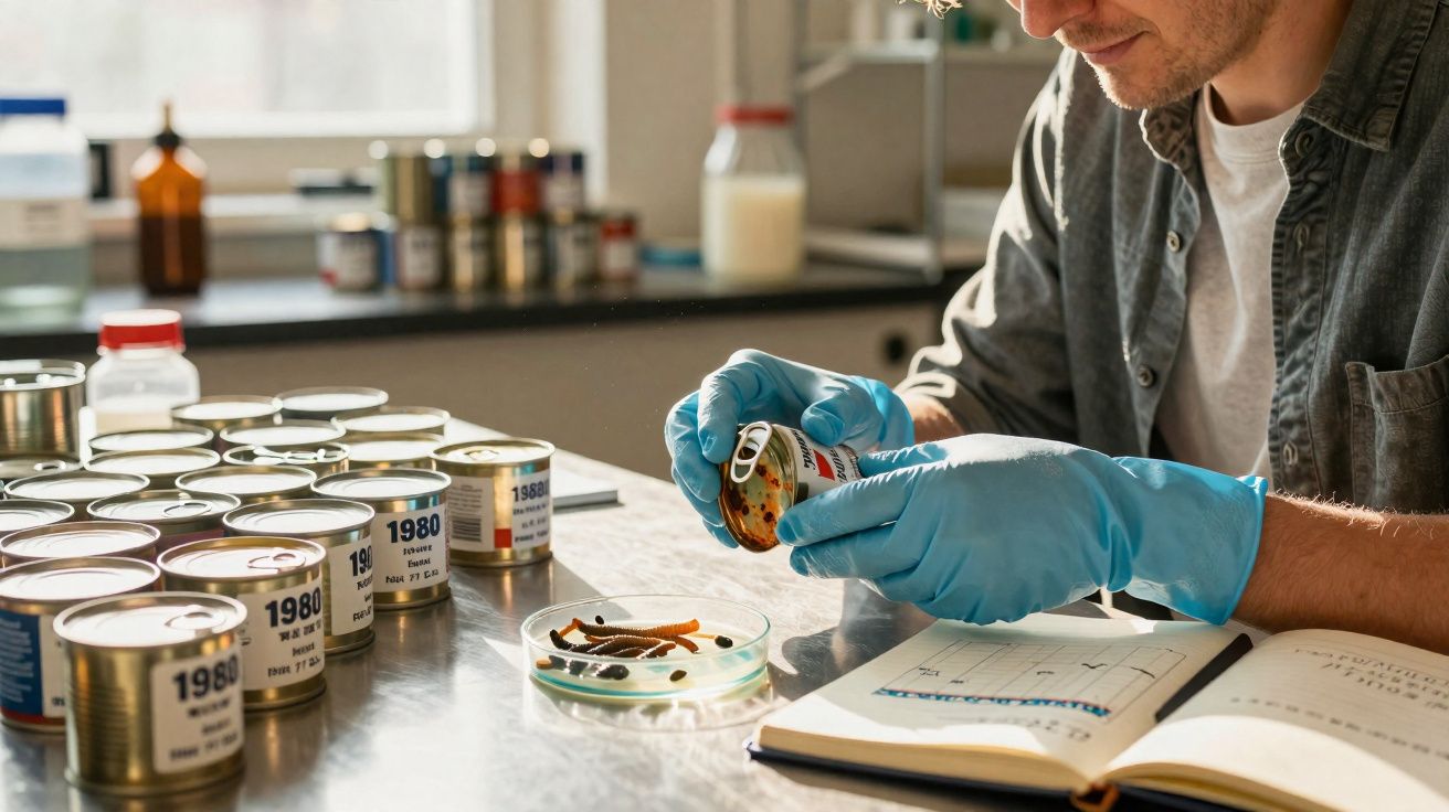 Pessoa com luvas azuis a examinar insetos de latas antigas numa bancada de laboratório.