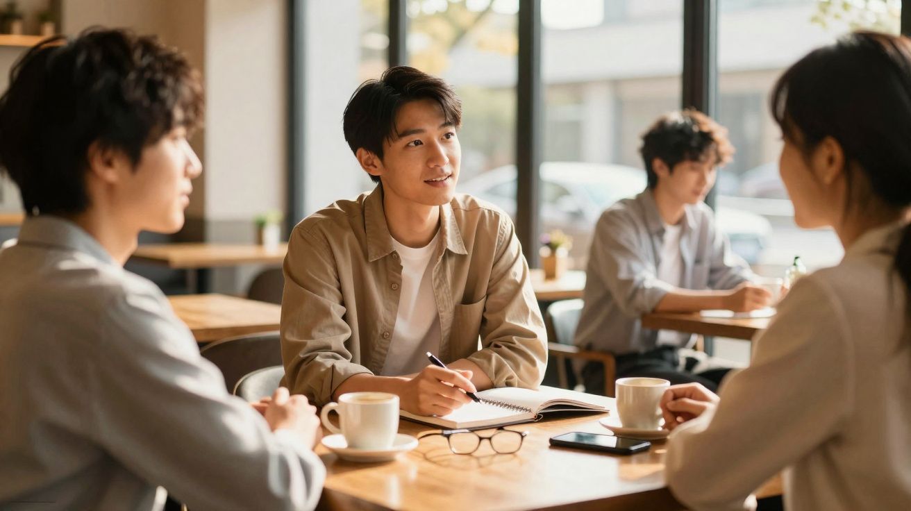 Grupo de jovens sentados à mesa num café, a conversar e tomar notas juntos.
