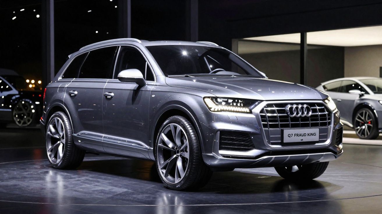 Audi Q7 cinzento estacionado em showroom com faróis dianteiros acesos, vista frontal esquerda.