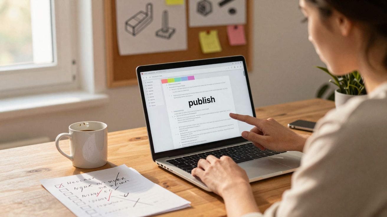 Pessoa a trabalhar num computador portátil, apontando para a palavra "publish" no ecrã, com uma caneca e folhas numa mesa.