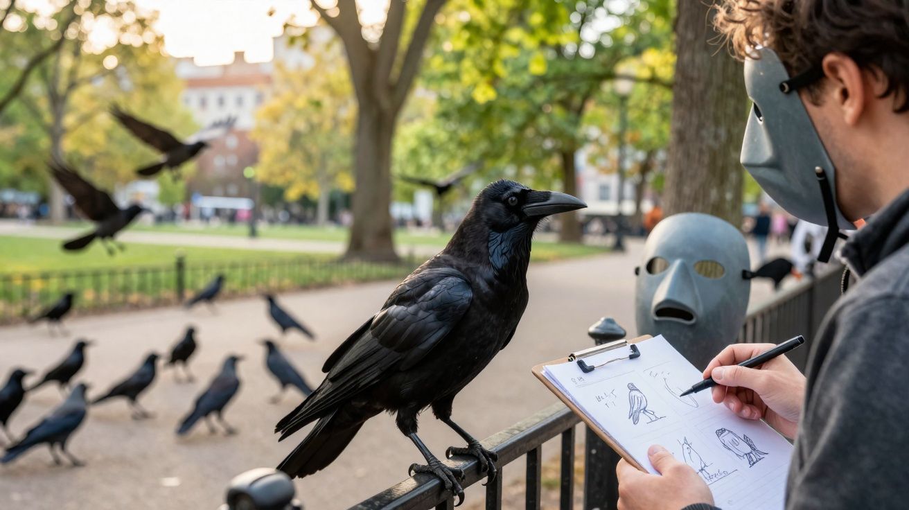 Pessoa com máscara a desenhar um corvo num bloco de notas junto a vários corvos num parque.