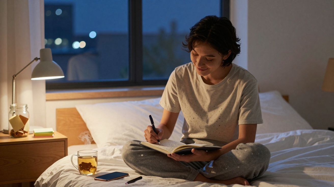 Pessoa sentada na cama de pijama a escrever num caderno, com luz quente e chá ao lado, noite na janela.
