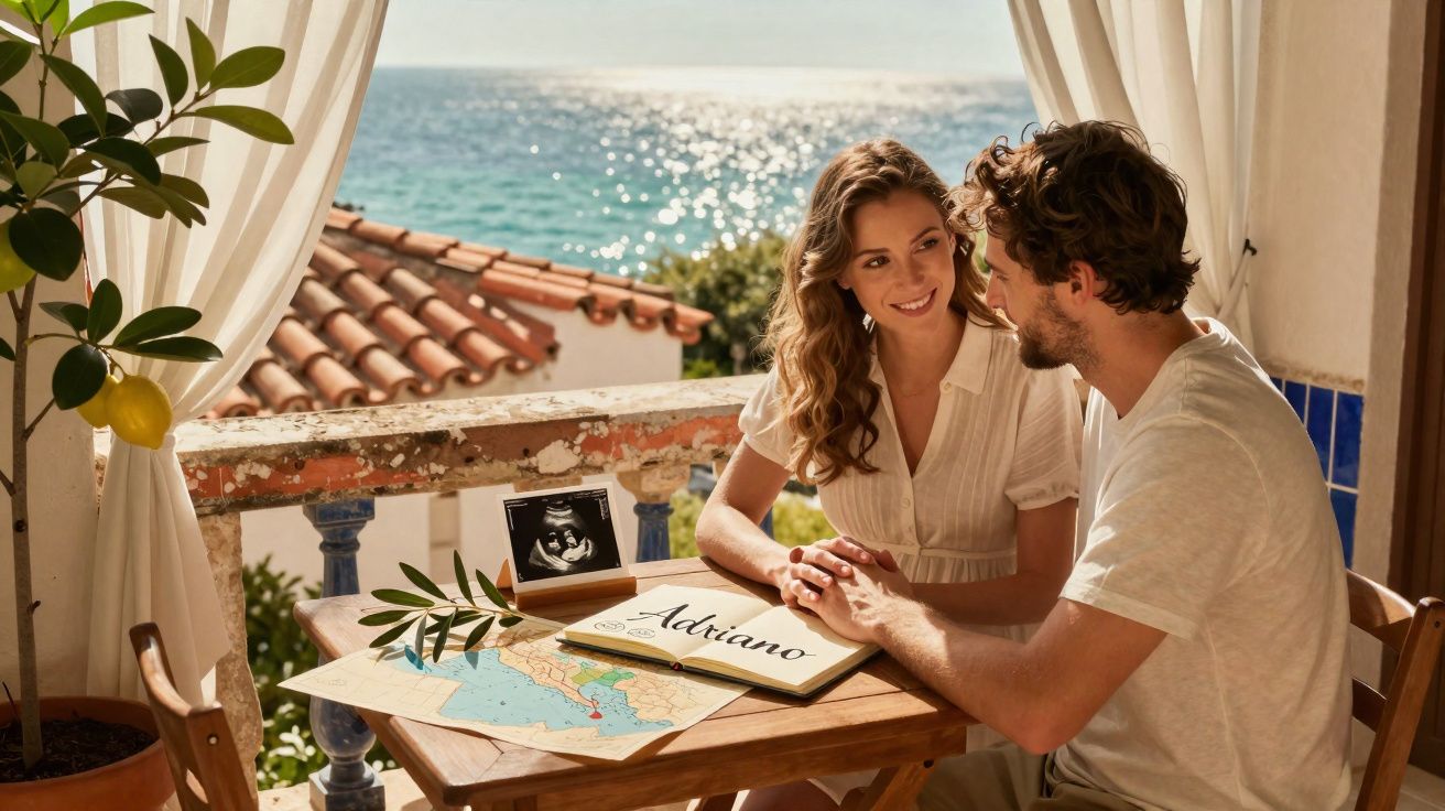Casal sorridente à mesa com ecografia, livro com o nome Adriano e vista para o mar ao fundo.