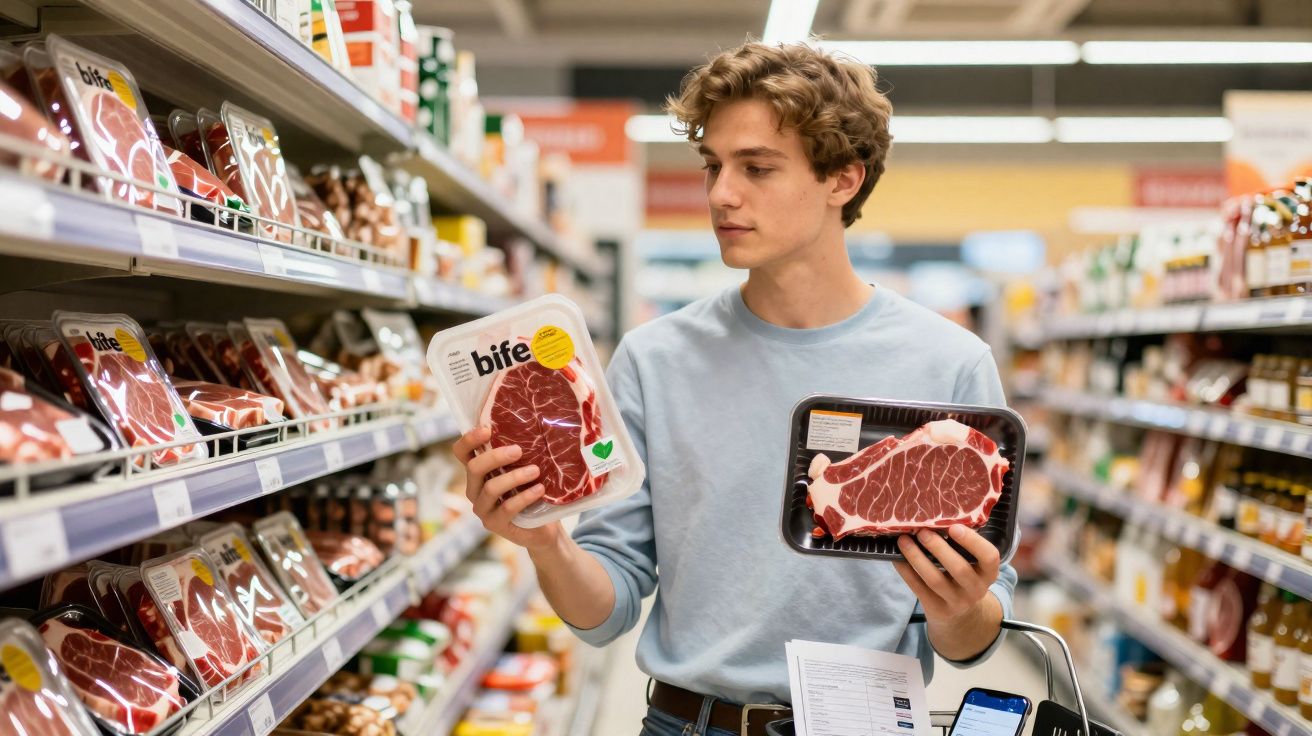 Homem jovem a escolher entre dois cortes de carne no supermercado, com carrinho de compras ao lado.