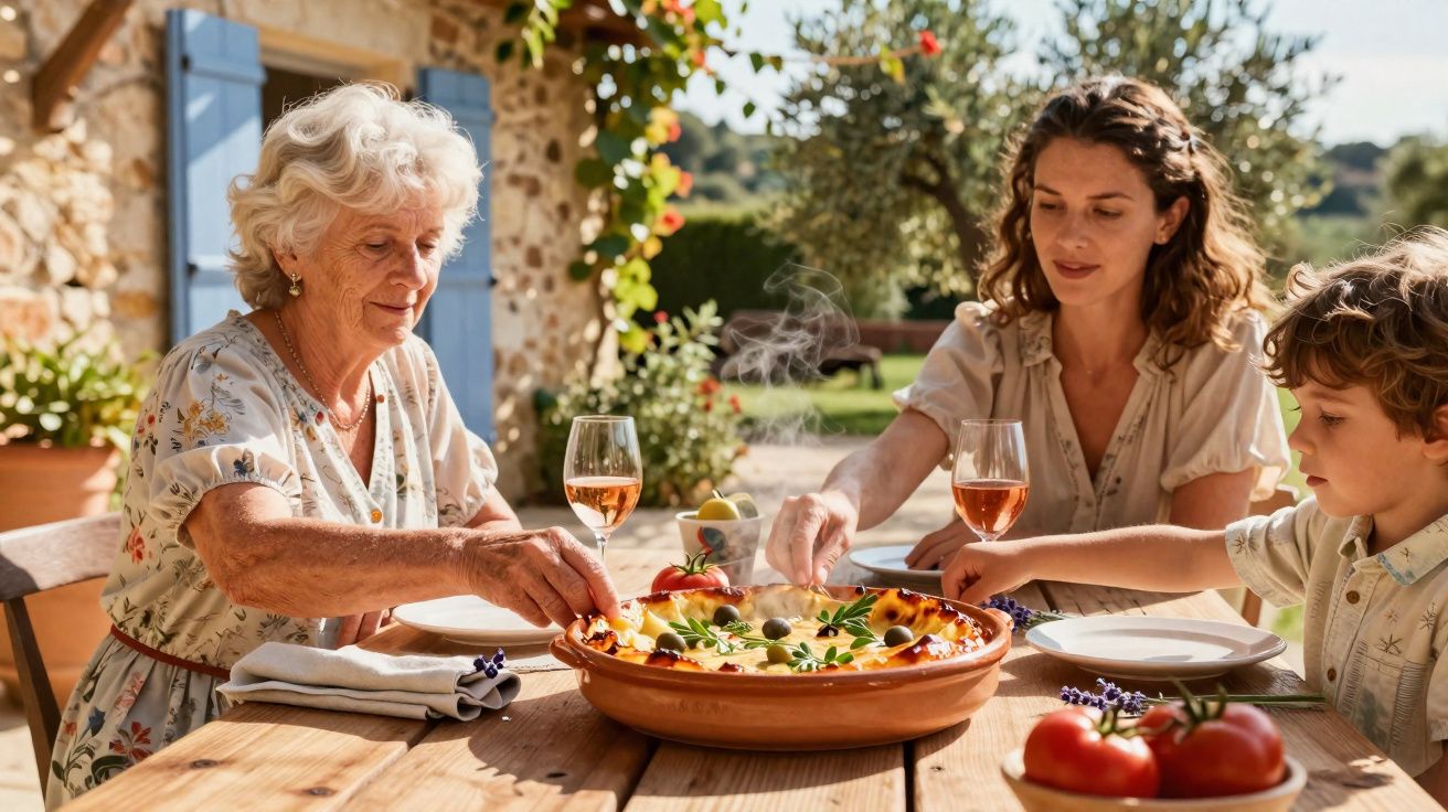 Três gerações de mulheres sentadas à mesa ao ar livre a partilhar uma refeição quente e vinho.