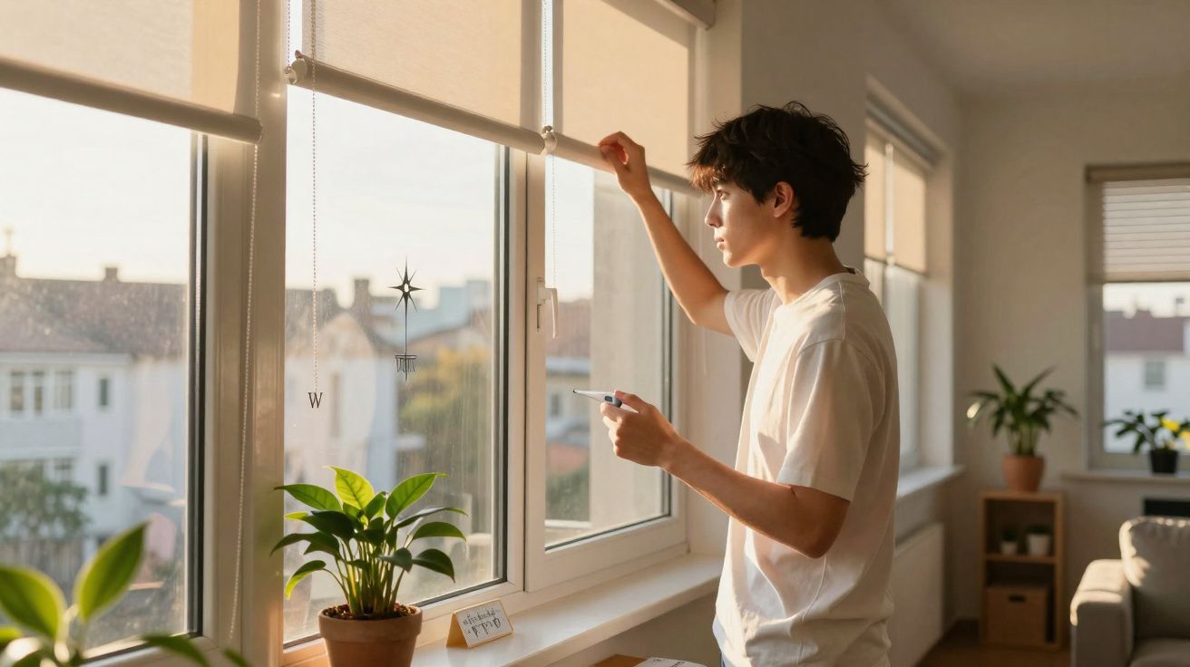 Jovem abre a cortina de uma janela durante o dia numa sala iluminada e com plantas.