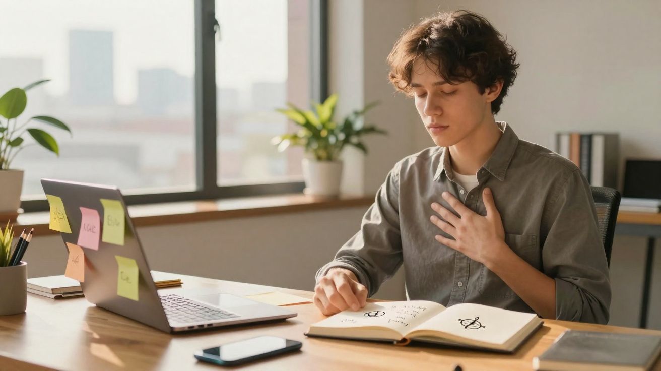 Jovem em escritório lendo livro e a mão no peito, aparentando reflexão ou meditação.