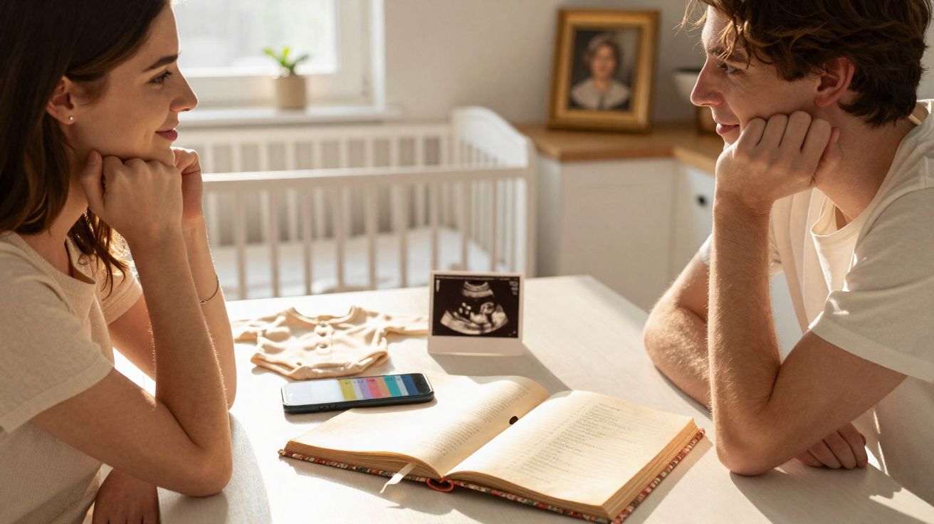 Casal sentado à mesa a olhar-se sorrindo, com ecografia e roupa de bebé sobre a mesa.
