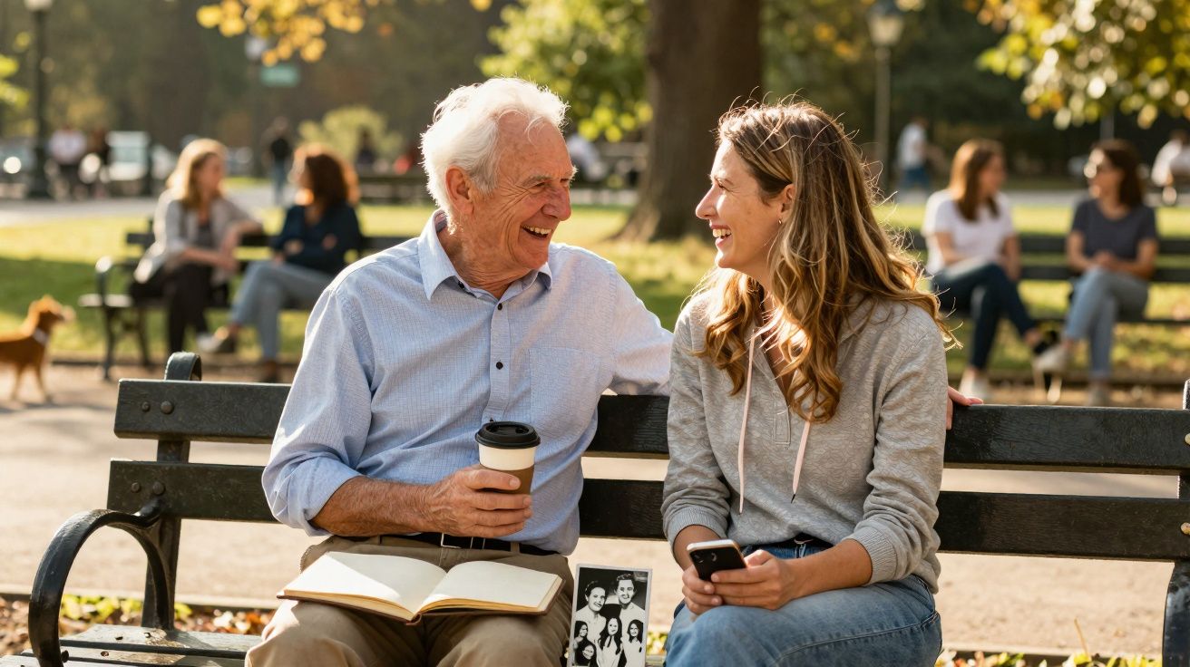 Homem idoso e jovem mulher conversam e sorriem sentados num banco de parque ao ar livre com livro e telemóvel.