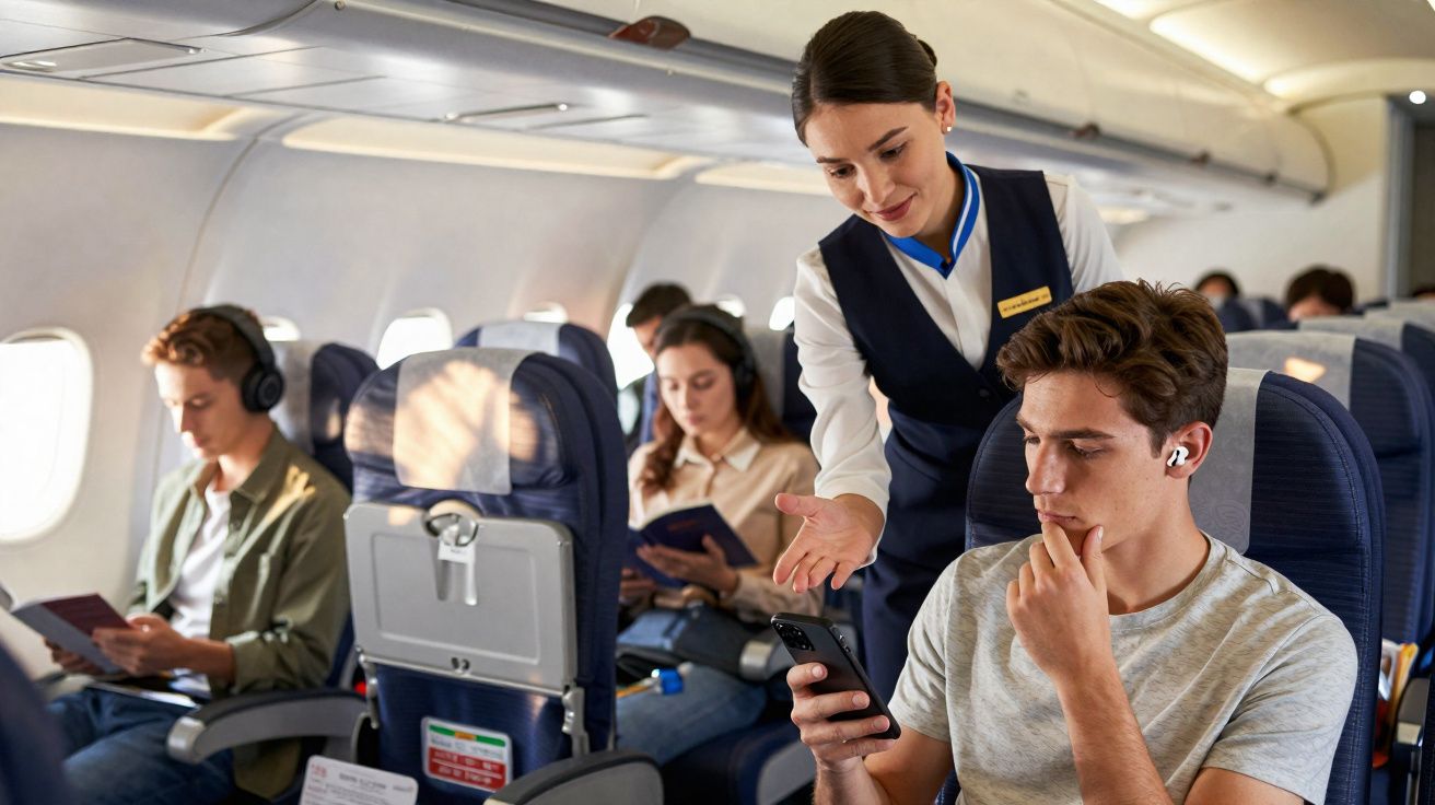 Funcionária de voo ajuda passageiro com telemóvel numa cabine de avião cheia de passageiros sentados.