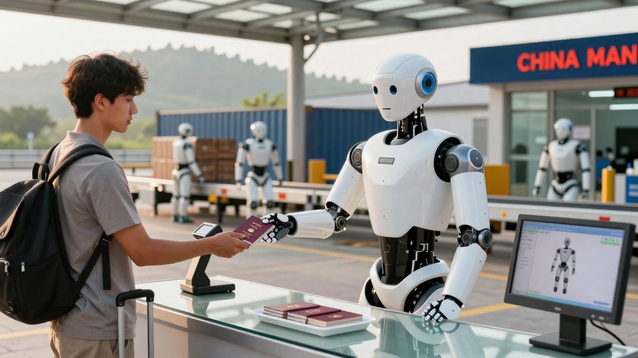 Jovem entrega passaporte a robô num balcão de controlo automatizado num aeroporto moderno.