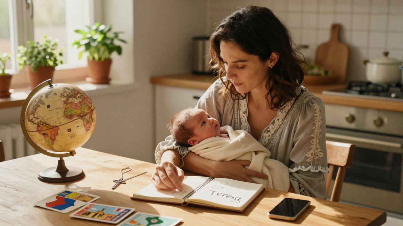 Mulher segura bebé ao colo enquanto escreve num caderno à mesa com globo, cartas e telemóvel.