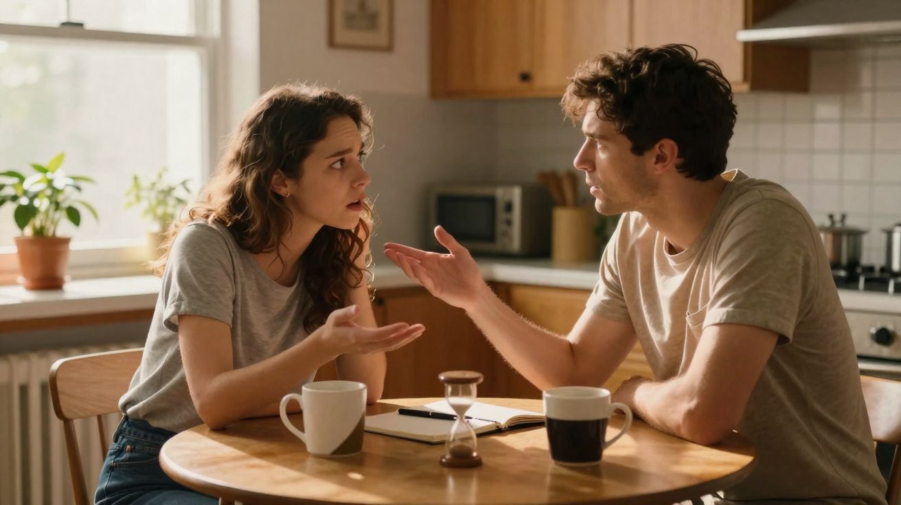 Casal sentado à mesa da cozinha a discutir com expressões preocupadas e copos de café à frente.