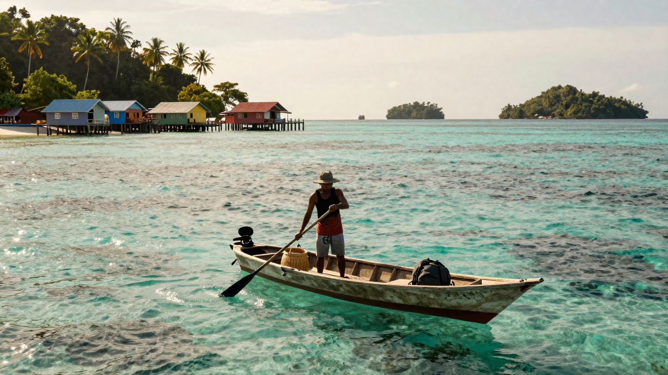 Homem a remar numa canoa em águas cristalinas com casas coloridas e ilhas ao fundo.