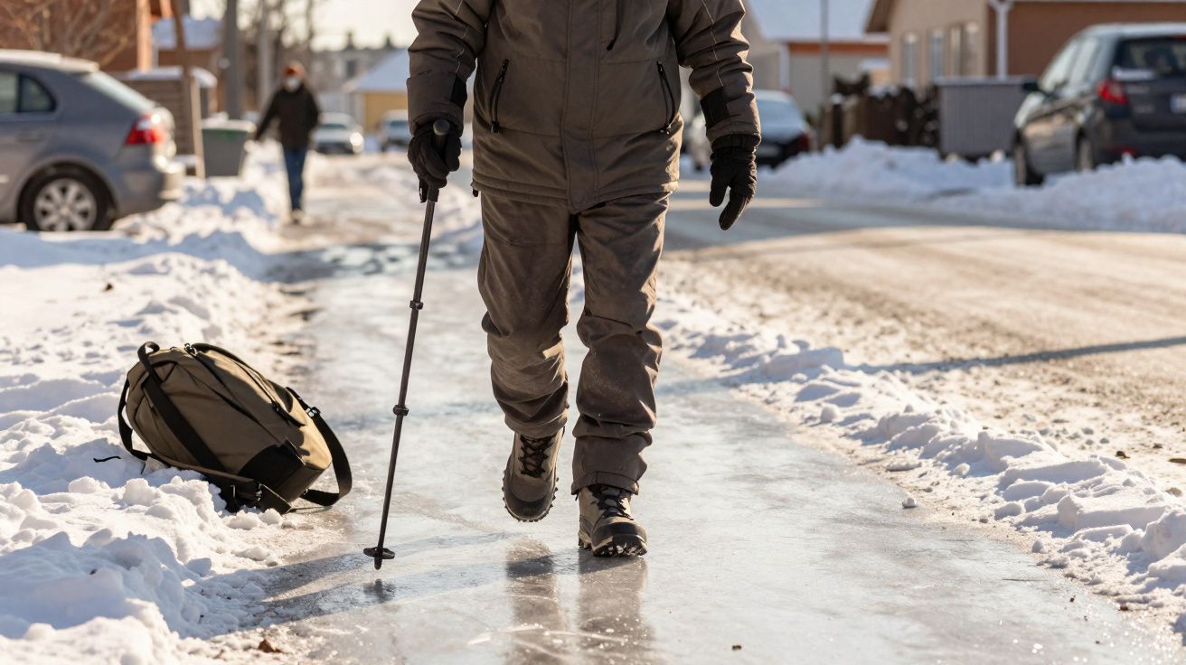 Pessoa caminhando com bengala sobre gelo numa calçada coberta de neve numa rua residencial.