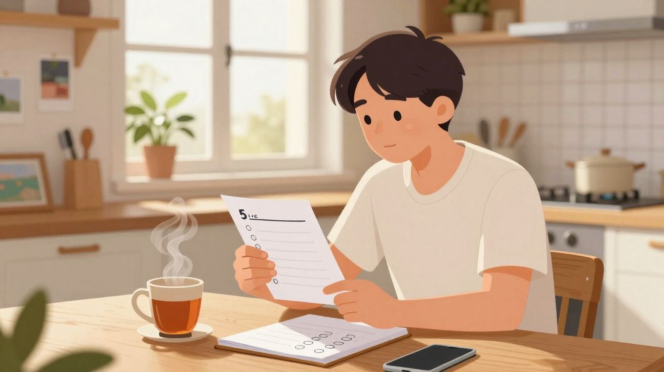 Jovem sentado à mesa de cozinha a resolver testes com chá quente ao lado e smartphone em cima da mesa.