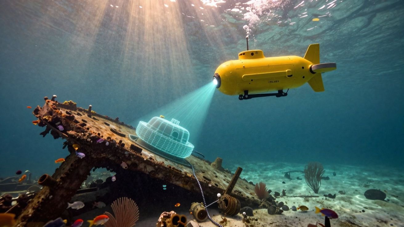 Submarino amarelo explora destroços subaquáticos iluminados por luz natural e projetor do veículo.