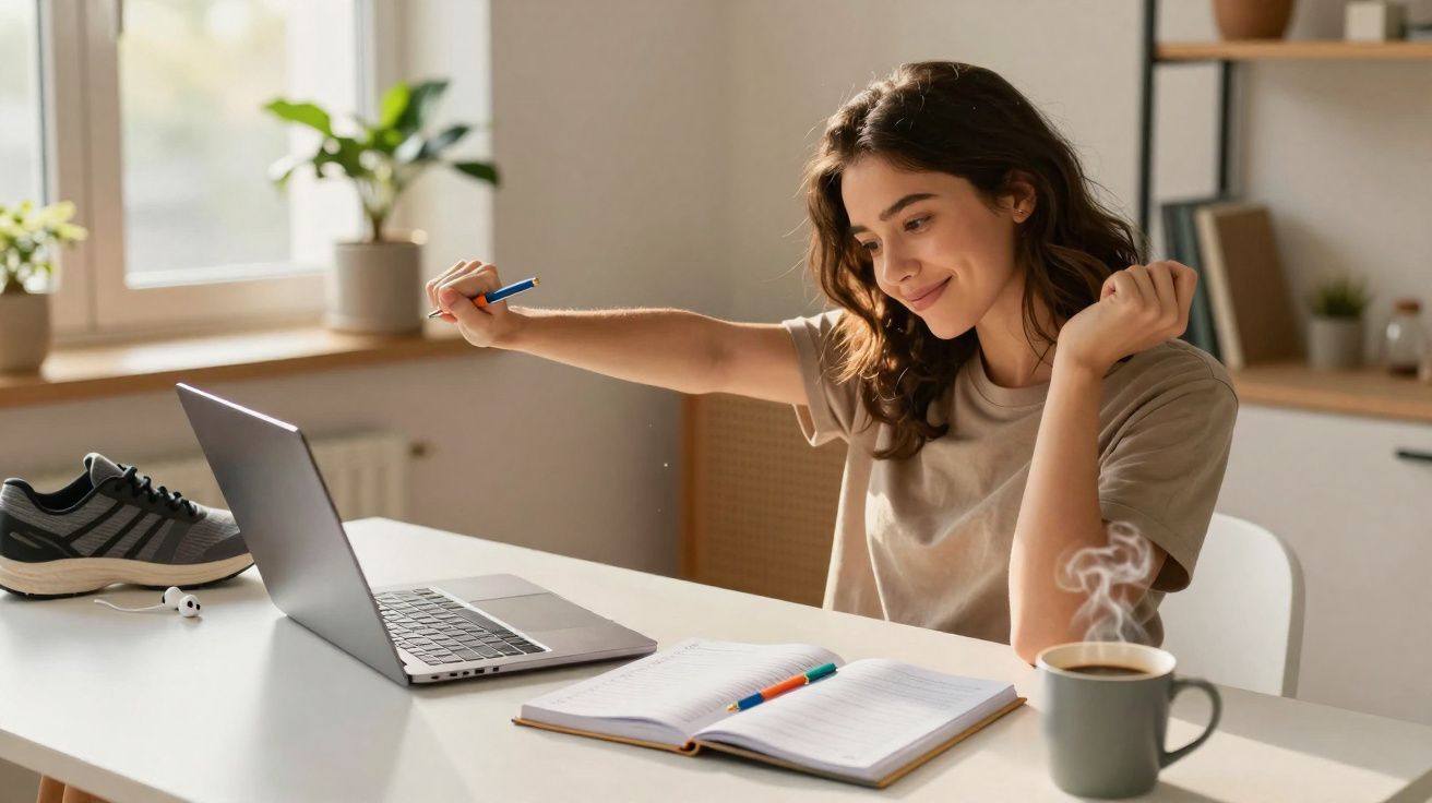 Jovem a estudar em casa, sentada à secretária com computador portátil, caderno e chá quente à frente.