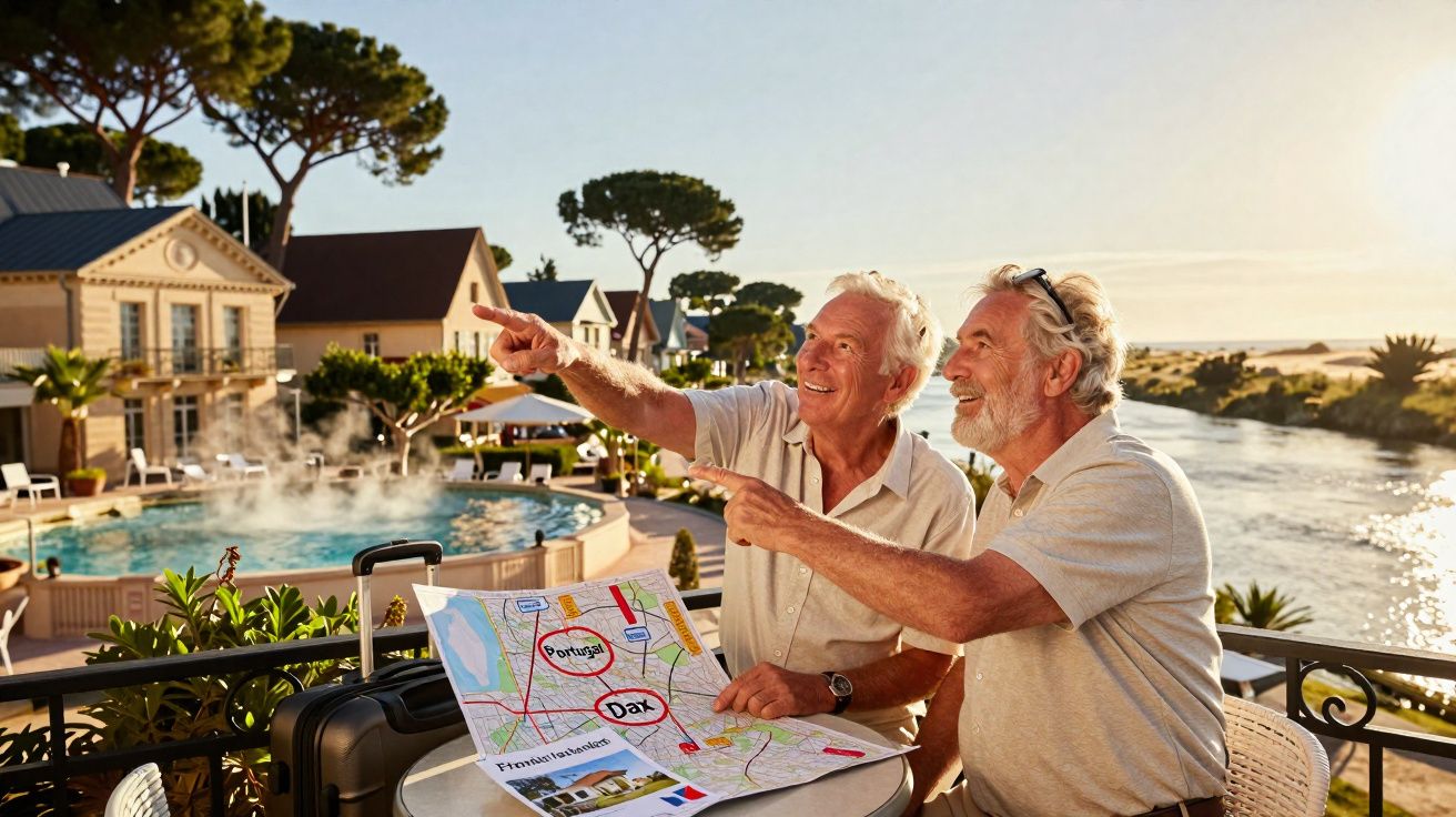 Dois homens seniores apontam para o horizonte, com mapa e mala junto à piscina num cenário solarengo à beira-rio.