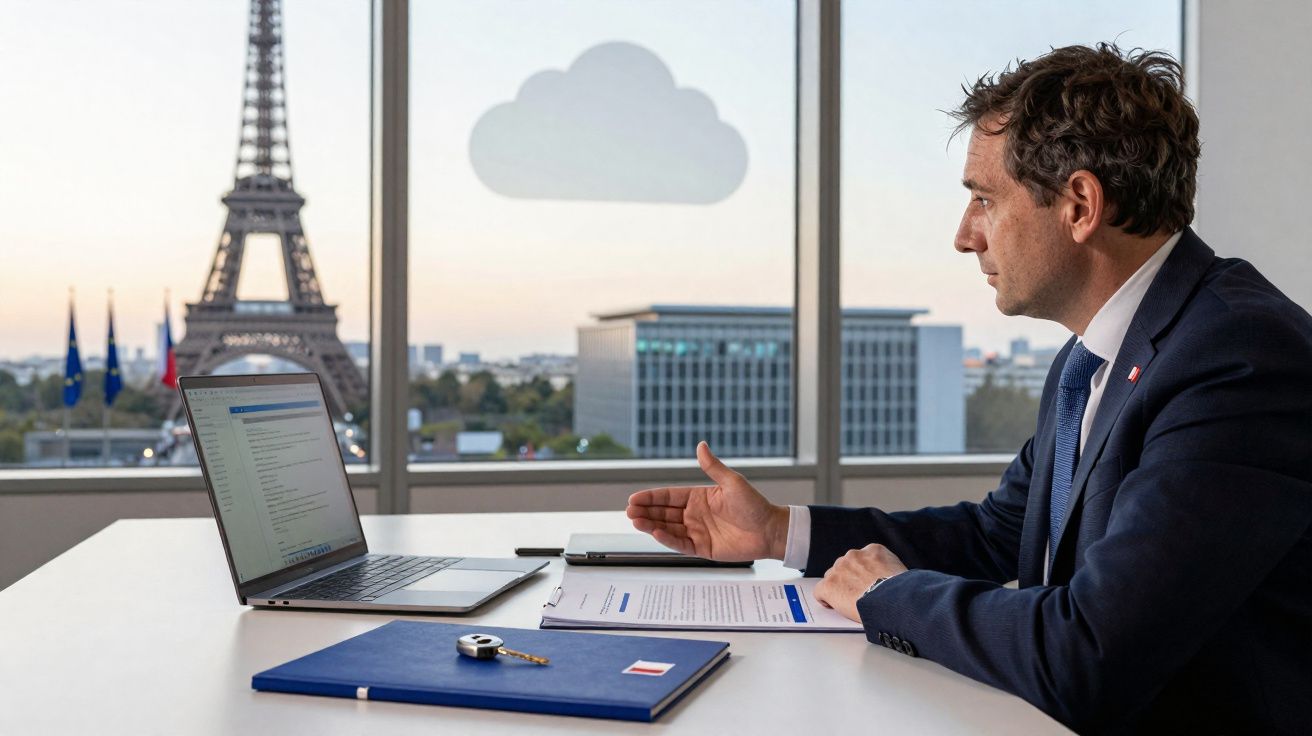 Homem de fato sentado numa mesa a trabalhar num computador portátil com a Torre Eiffel ao fundo em Paris.