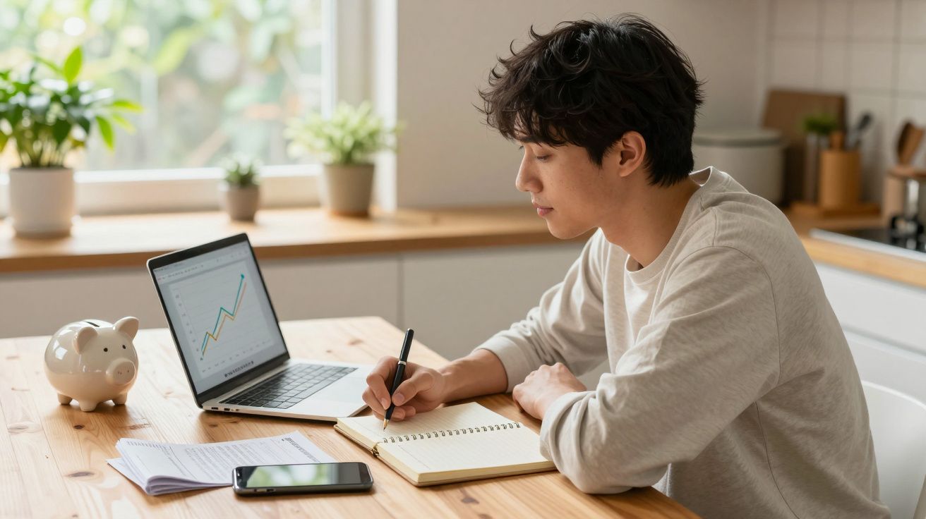 Jovem a anotar num caderno com gráfico aberto no laptop e mealheiro na mesa numa cozinha iluminada.