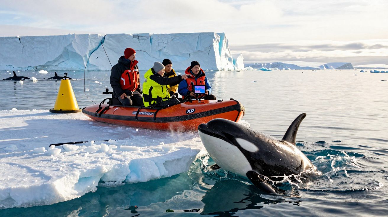 Quatro pessoas num bote insuflável observam uma orca perto de um icebergue em mar gelado.