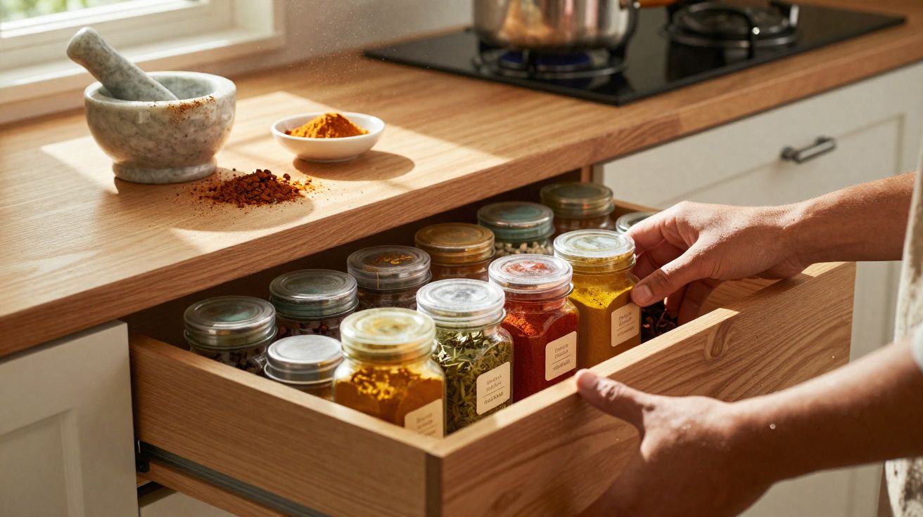 Gaveta de madeira com frascos de especiarias organizados e mão a pegar um deles numa cozinha iluminada.